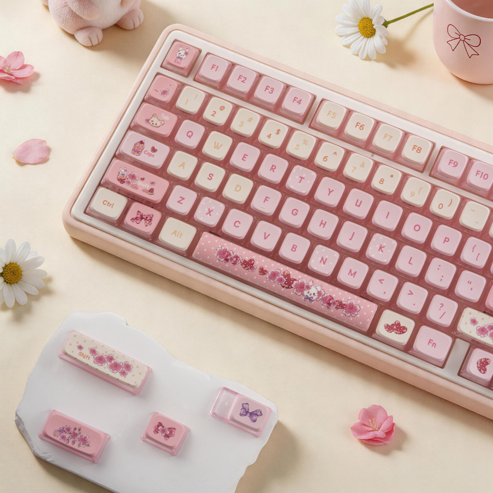 Mousse Rabbit Sakura Pink Cream Keycaps | 123 Keys Full Set MDA Backlit PBT Keycaps | Cute Kawaii Custom Keyboard Keycaps for Girls