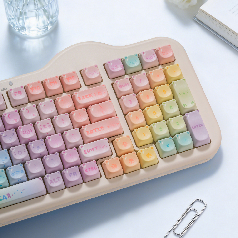 Macaron Gradient Bear Kawaii Keycaps MOA Profile 123 Keys Full Set, 5-Side PBT Dye Sublimation Custom Keycaps for Mechanical Keyboards