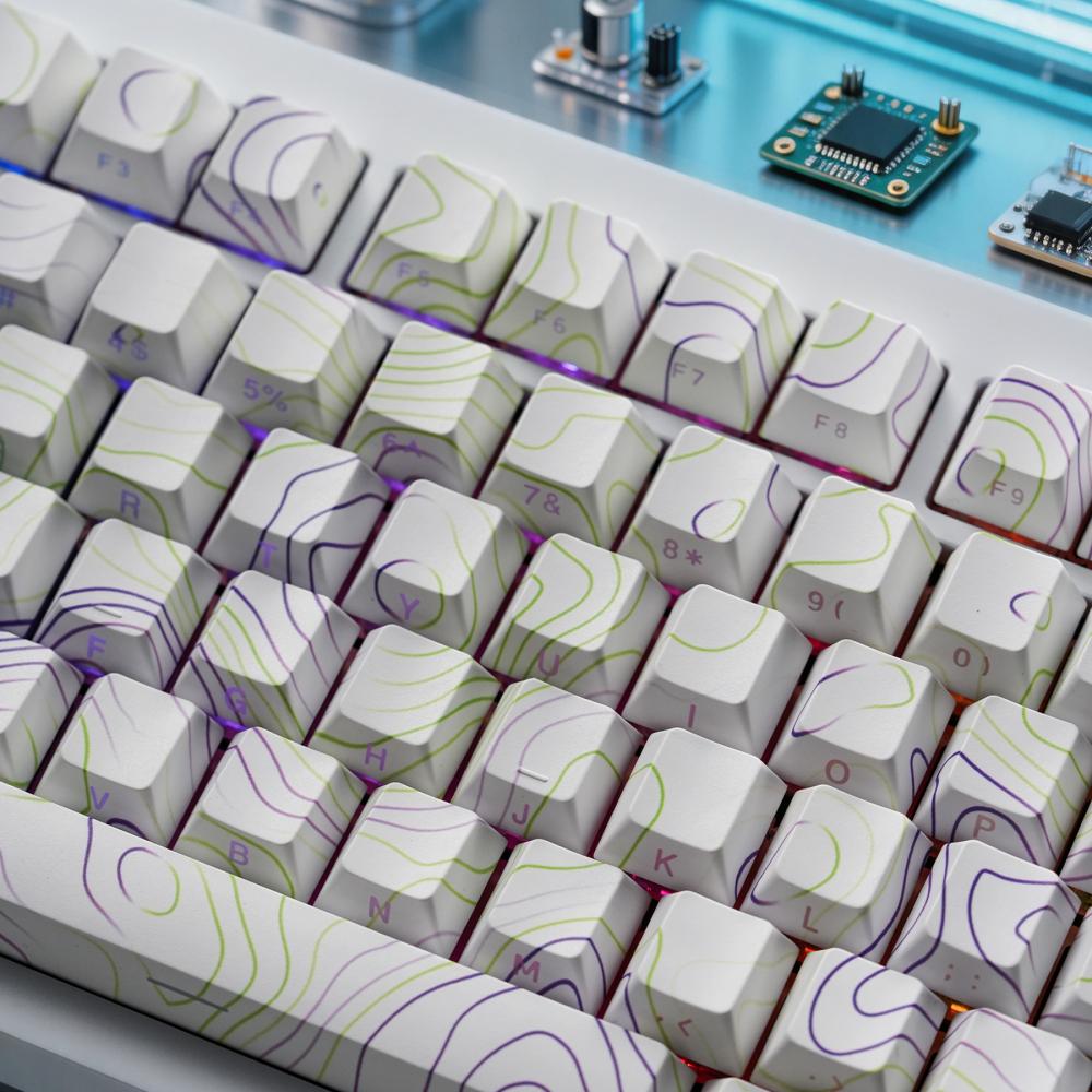 White Purple Topographic PBT Keycaps 135 Keys | 5-Sided Dye-Sub OEM Profile Side-Lit Translucent Keycaps for Mechanical Keyboards