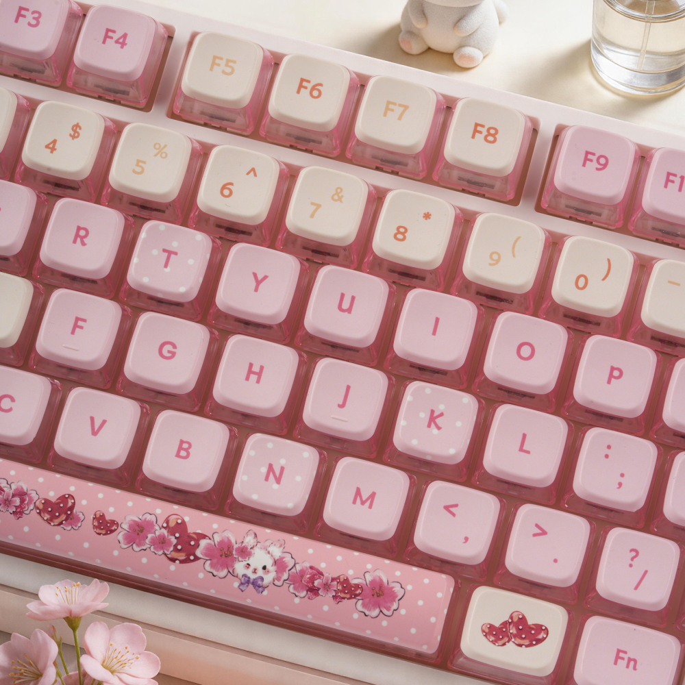 Mousse Rabbit Sakura Pink Cream Keycaps | 123 Keys Full Set MDA Backlit PBT Keycaps | Cute Kawaii Custom Keyboard Keycaps for Girls