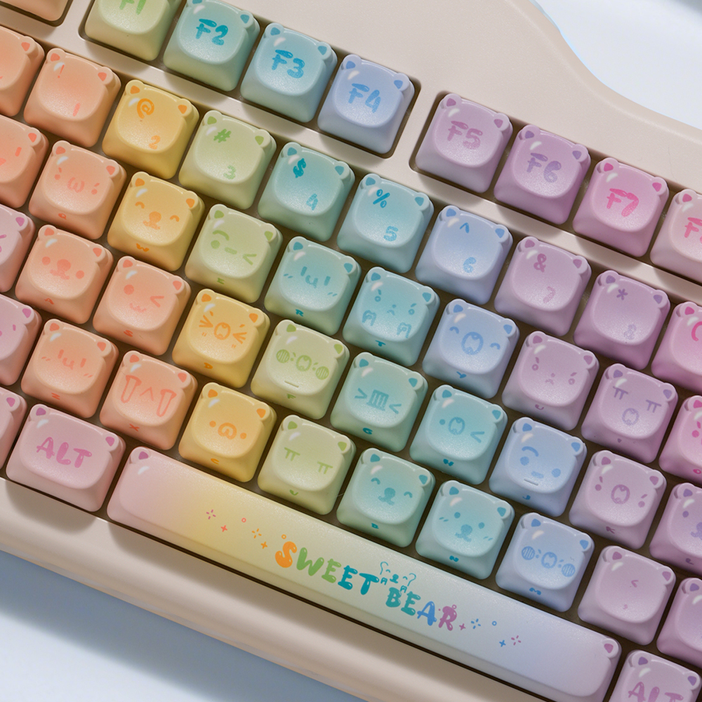 Macaron Gradient Bear Kawaii Keycaps MOA Profile 123 Keys Full Set, 5-Side PBT Dye Sublimation Custom Keycaps for Mechanical Keyboards