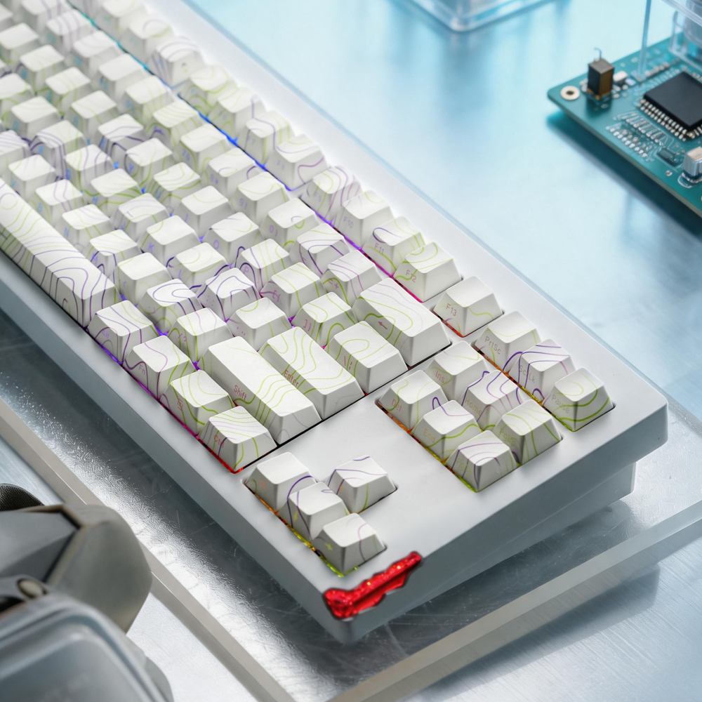 White Purple Topographic PBT Keycaps 135 Keys | 5-Sided Dye-Sub OEM Profile Side-Lit Translucent Keycaps for Mechanical Keyboards