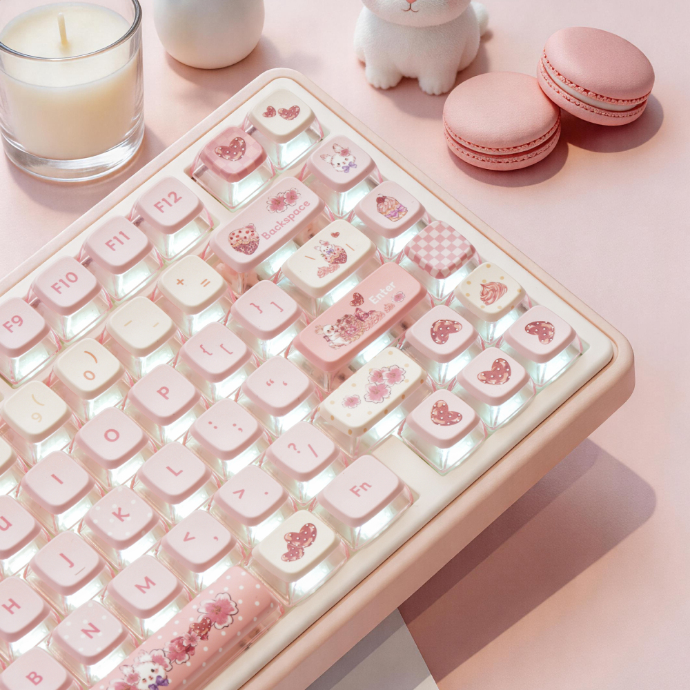 Mousse Rabbit Sakura Pink Cream Keycaps | 123 Keys Full Set MDA Backlit PBT Keycaps | Cute Kawaii Custom Keyboard Keycaps for Girls