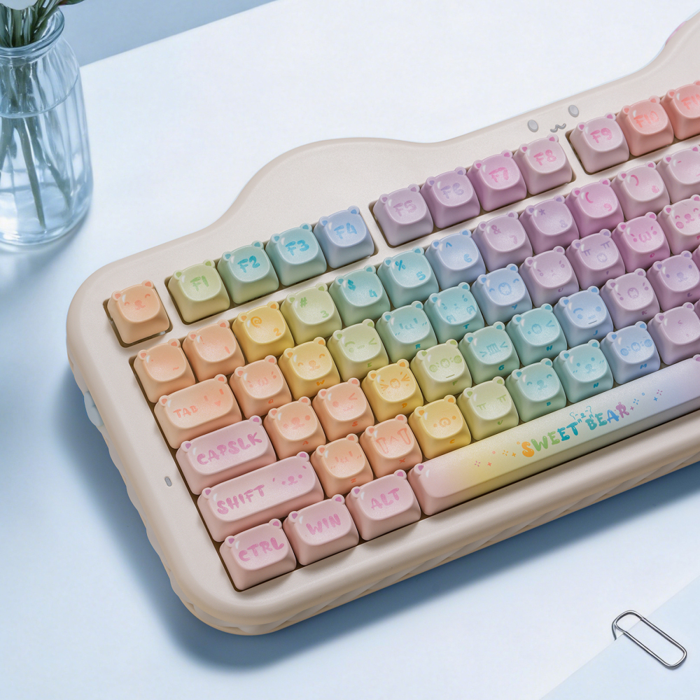 Macaron Gradient Bear Kawaii Keycaps MOA Profile 123 Keys Full Set, 5-Side PBT Dye Sublimation Custom Keycaps for Mechanical Keyboards