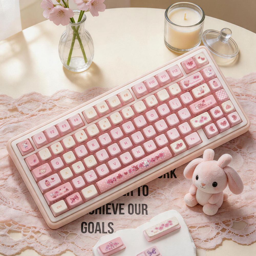 Mousse Rabbit Sakura Pink Cream Keycaps | 123 Keys Full Set MDA Backlit PBT Keycaps | Cute Kawaii Custom Keyboard Keycaps for Girls