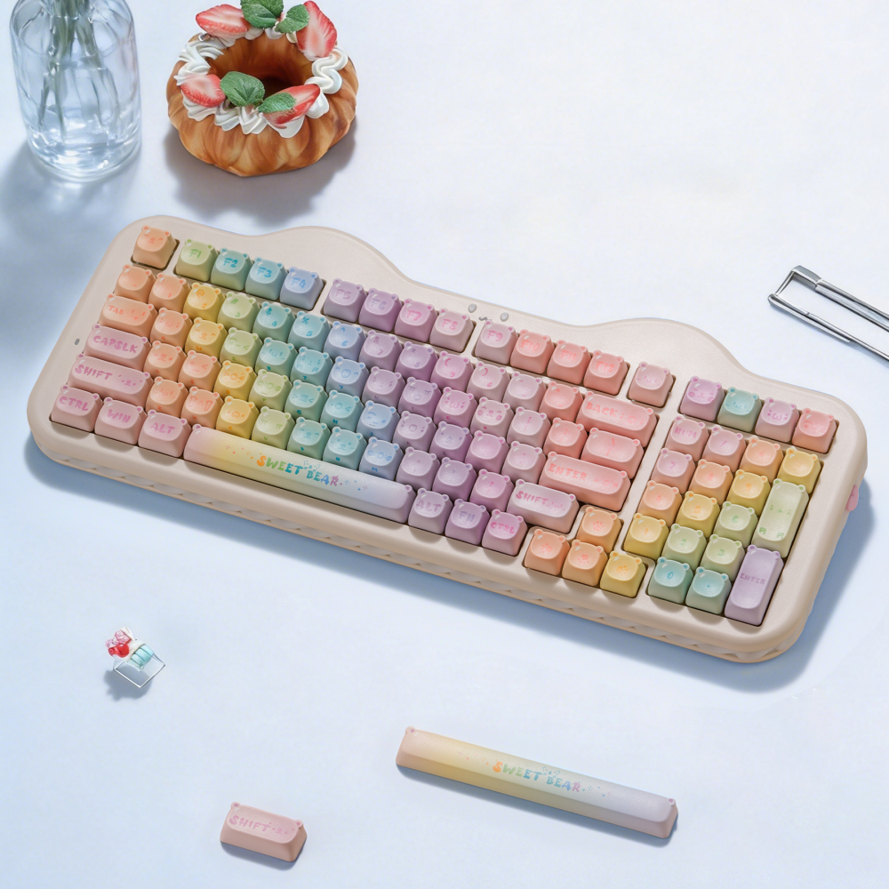 Macaron Gradient Bear Kawaii Keycaps MOA Profile 123 Keys Full Set, 5-Side PBT Dye Sublimation Custom Keycaps for Mechanical Keyboards