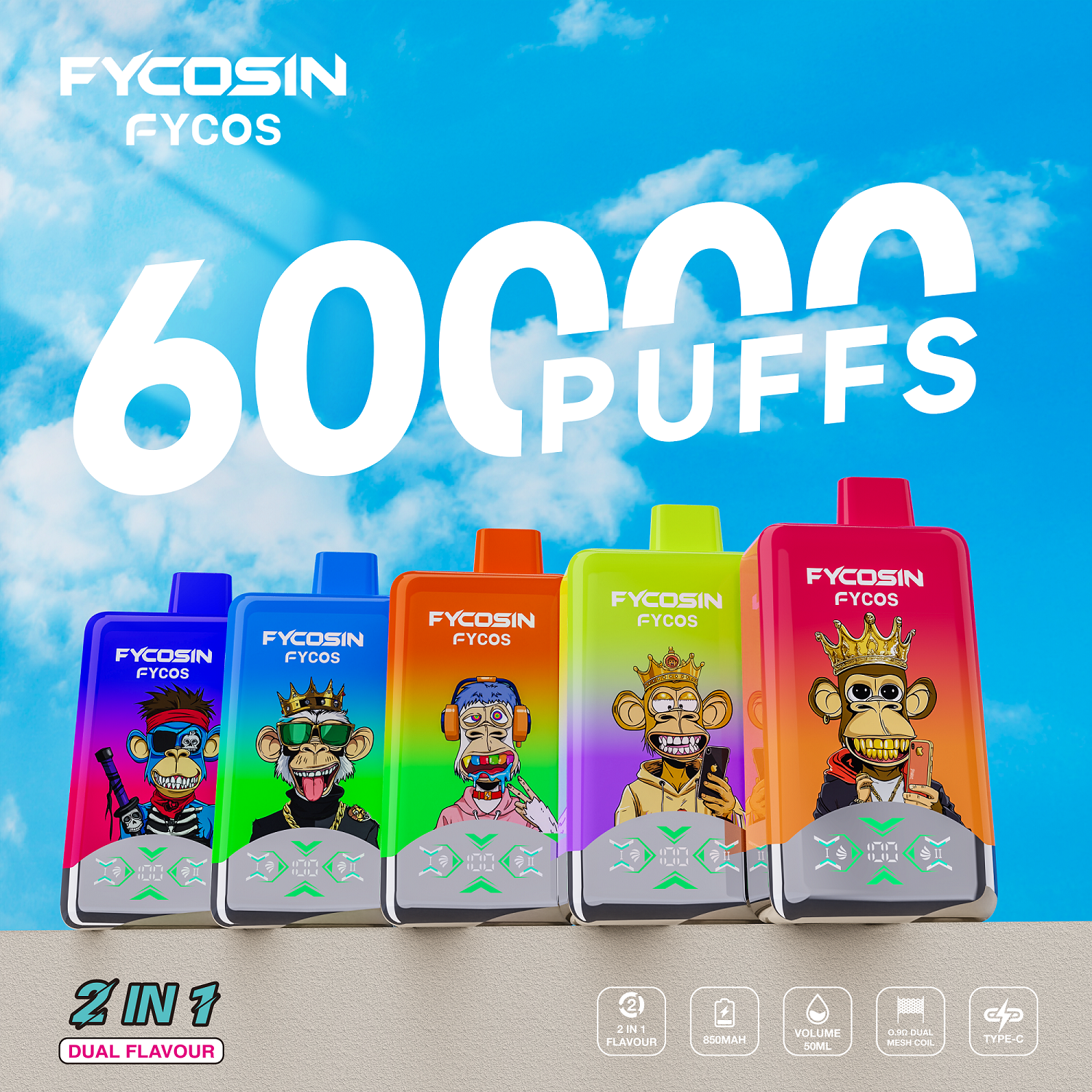 Fycos 60000 puff rechargeable dual flavor disposable vape product image