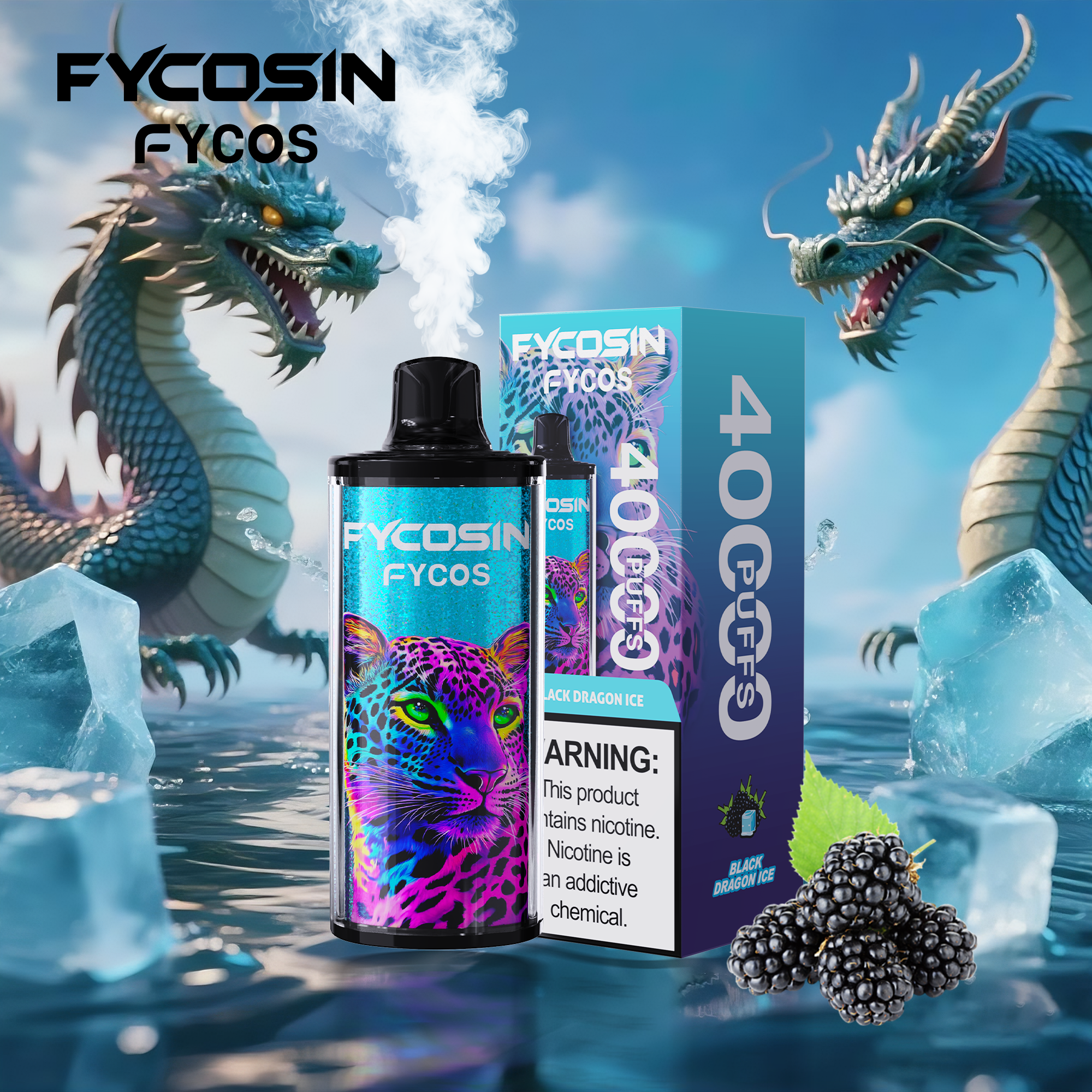 Fycos 40000 puff product package and rechargeable vape pen with Type-C feature callout