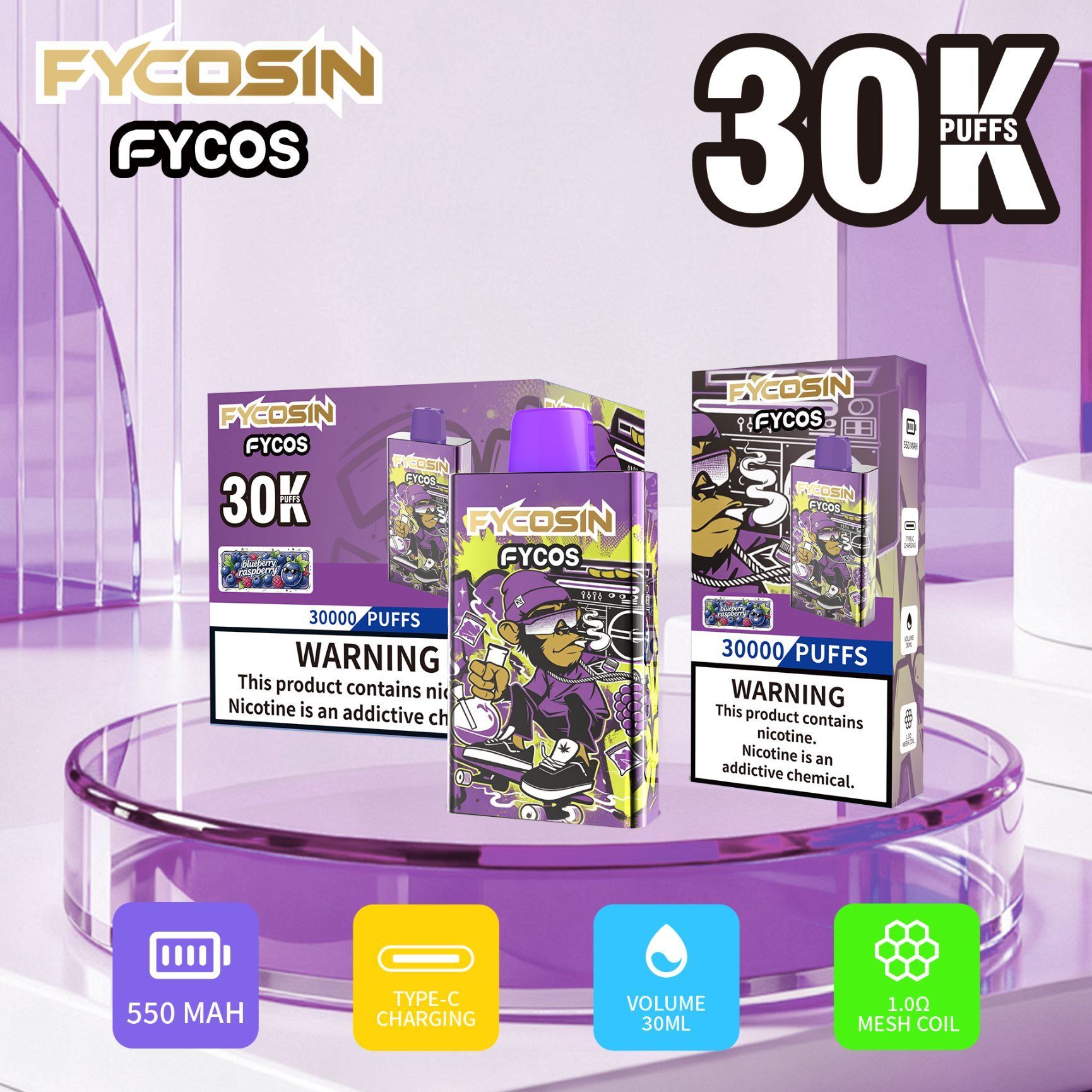FYCOSIN 30K Puffs with Fast Type-C Charging 10 Flavor Disposable Vape