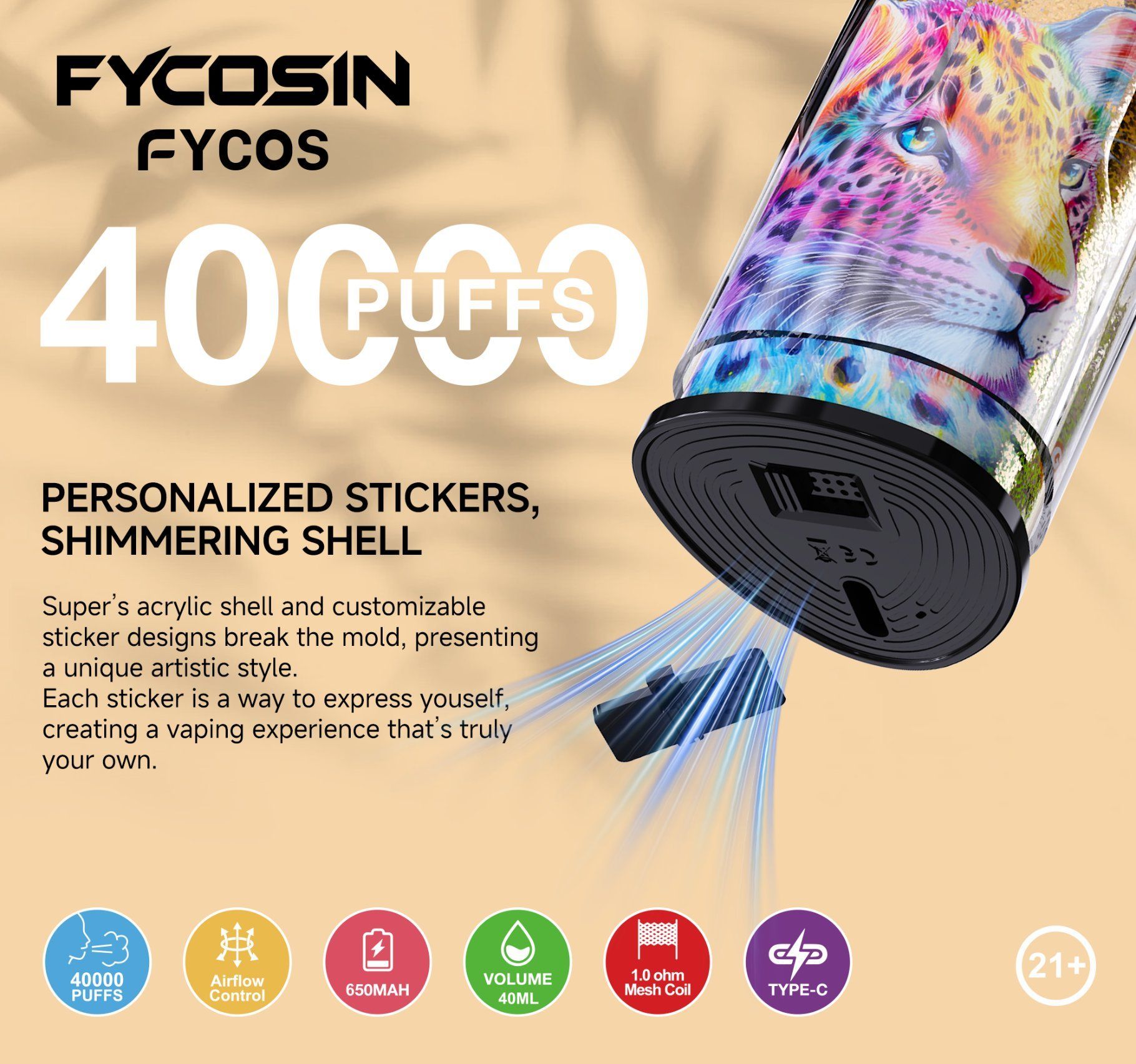 Fycosin 40K Disposable Vape 1.0Ω Mesh Coil Type-C Charging