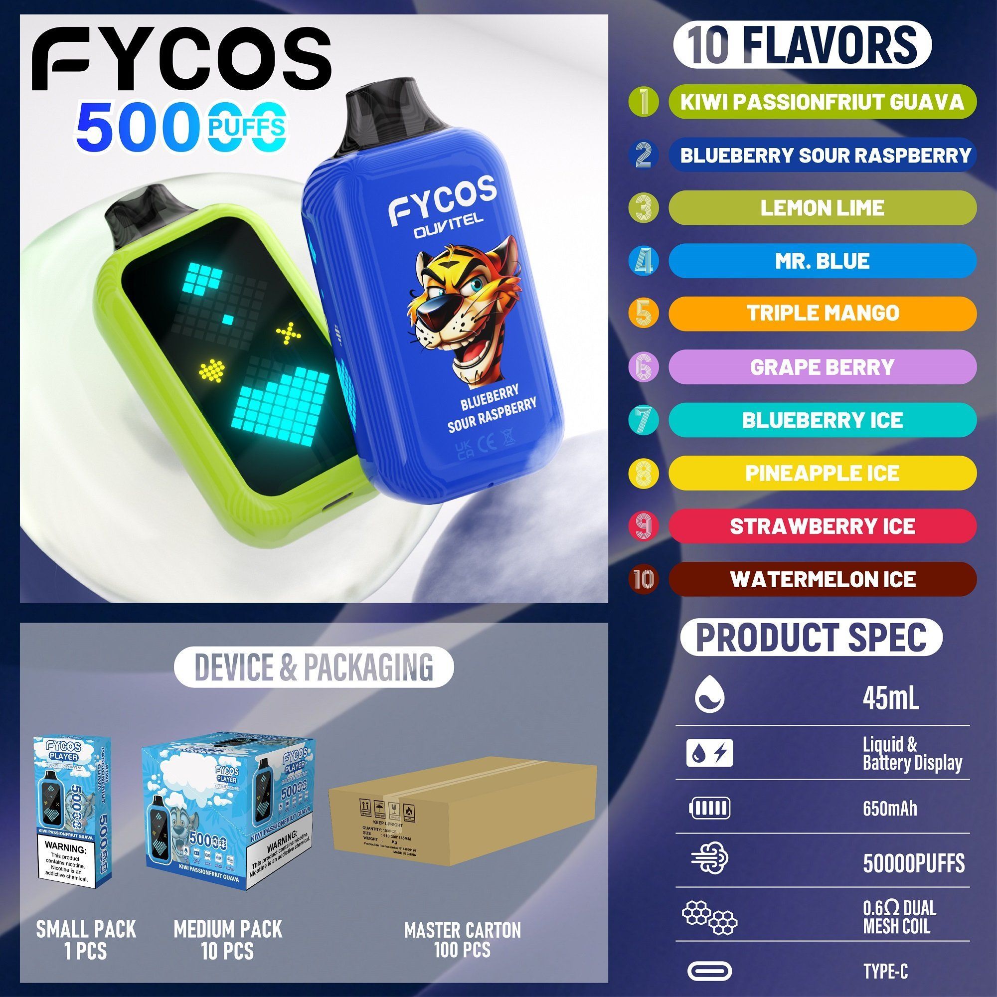 FYCOS 50000 Puffs Disposable Vape with Dual Mesh Coil Technology