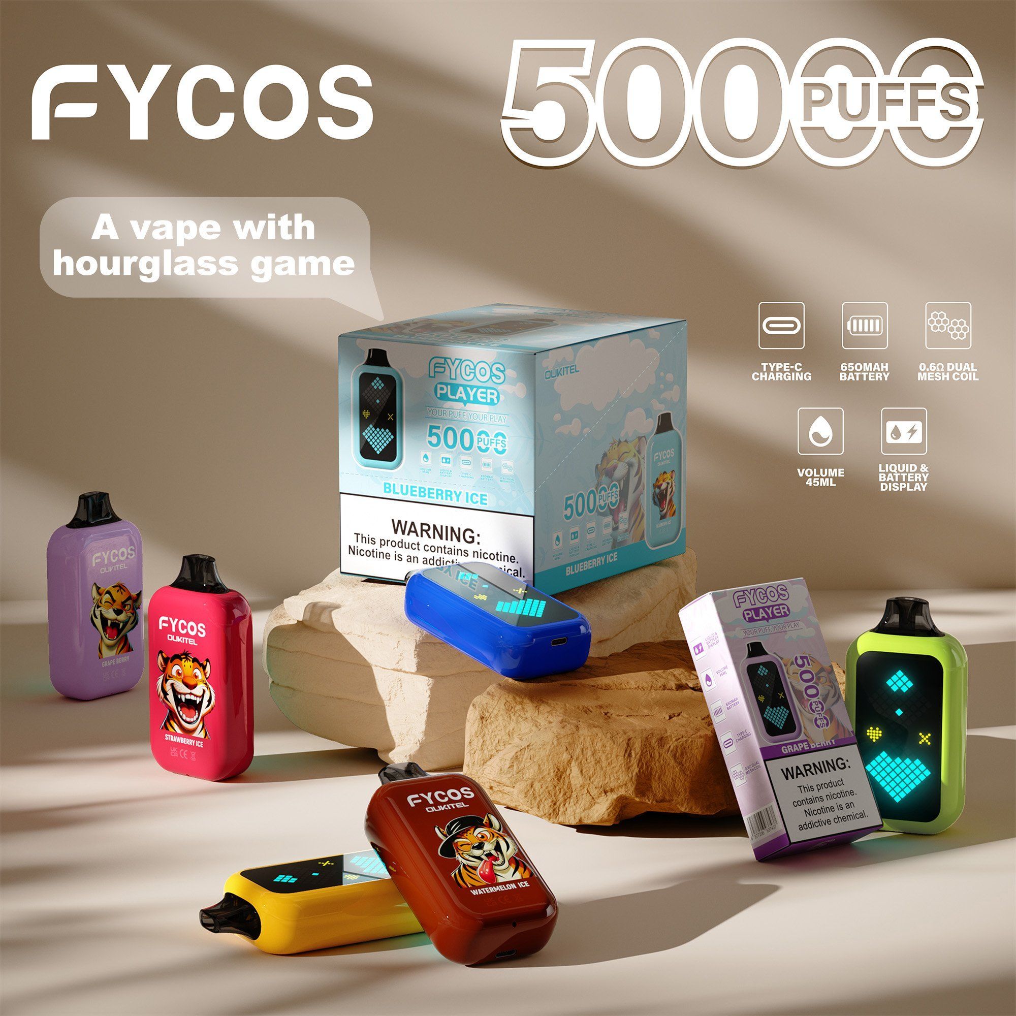 FYCOS 50000 Puffs Vape Device with Digital Screen & Mesh Coil