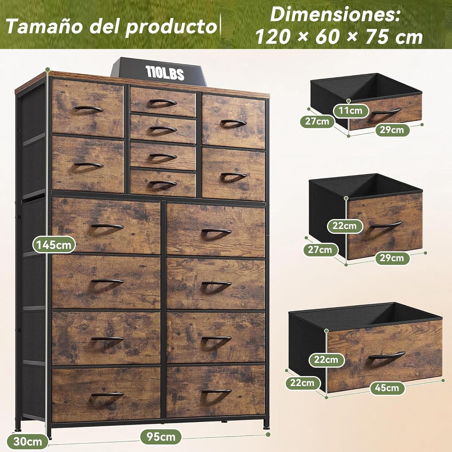 QYIKLPY Chest of Drawers for Bedroom 145 x 95 x 30cm with 16 Drawers, Bedroom Furniture, Clothes Furniture, Metal Organizer, Comfortable Bedroom Furniture High Clothes