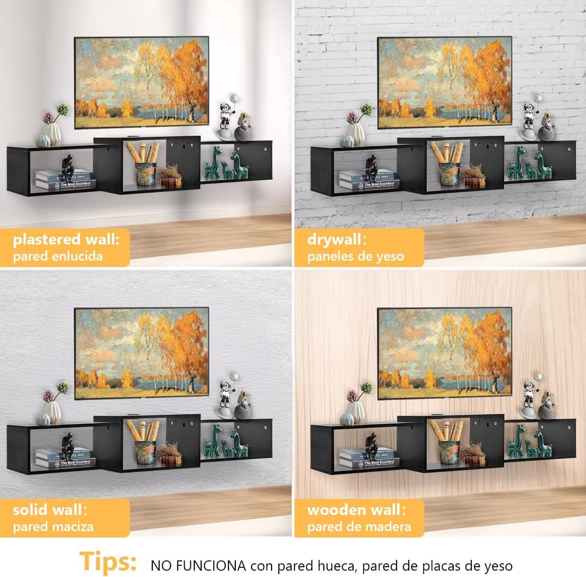 FURRIFIC Floating TV Stand with LED Lights, TV Entertainment Center, 3 Open Spaces Ample Storage Space and Minimalist Design, Suitable for Living Room and Bedroom