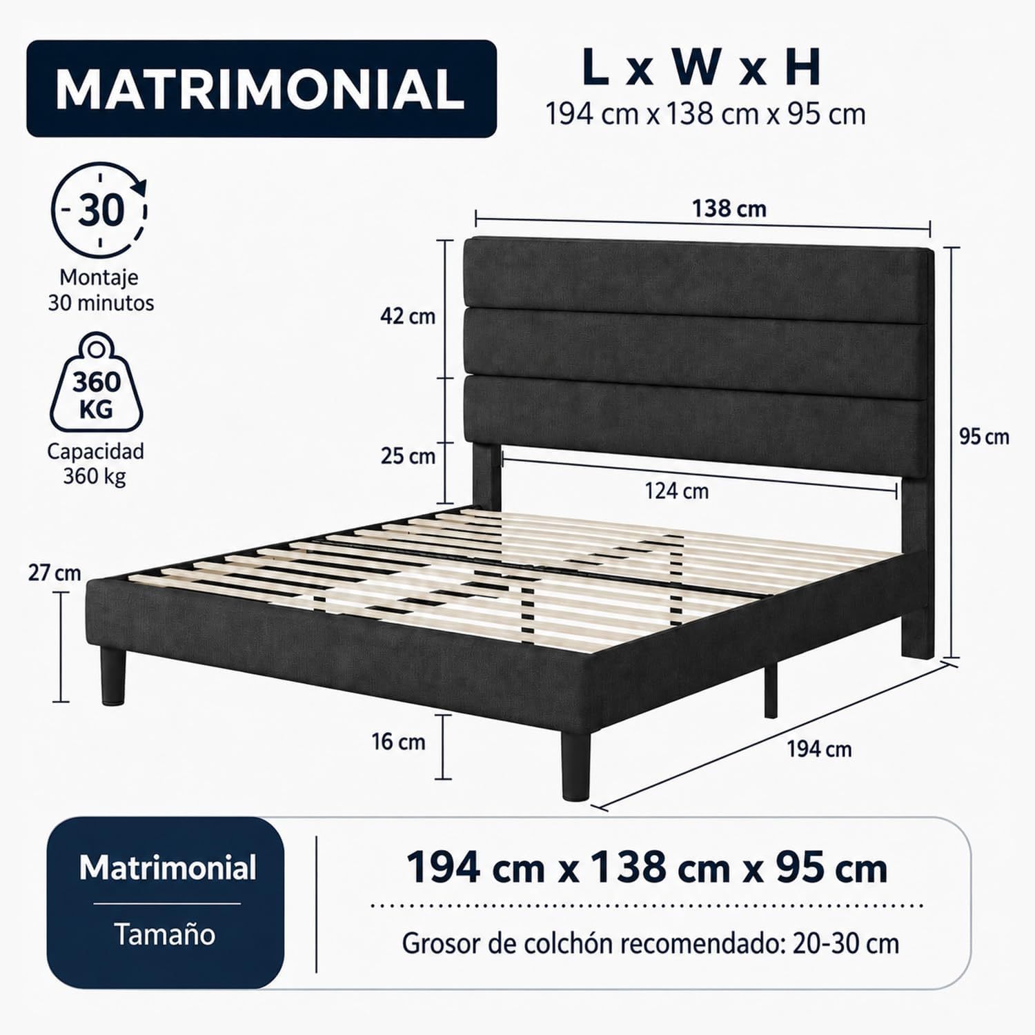 FURRIFIC Double Bed Base with Upholstered Headboard, High Density Metal and Natural Structure, Firm Support without Box Spring, Modern Bed with Resistant Slats, Charcoal Gray