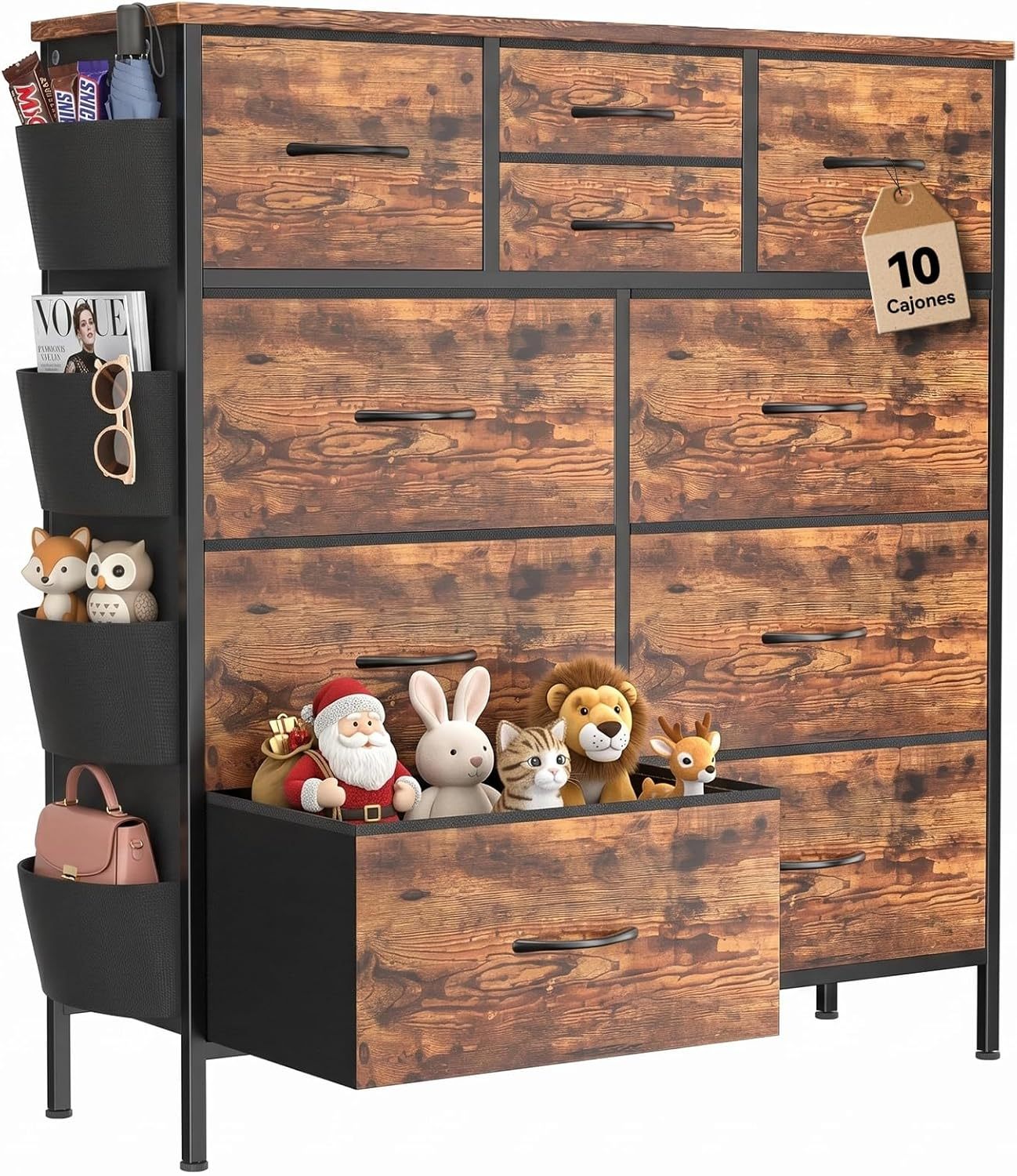 FURRIFIC Bedroom Dresser, with 10 Fabric Drawers, Side Pocket and Resistant Steel Structure, Clothes Organizer Furniture, Brown