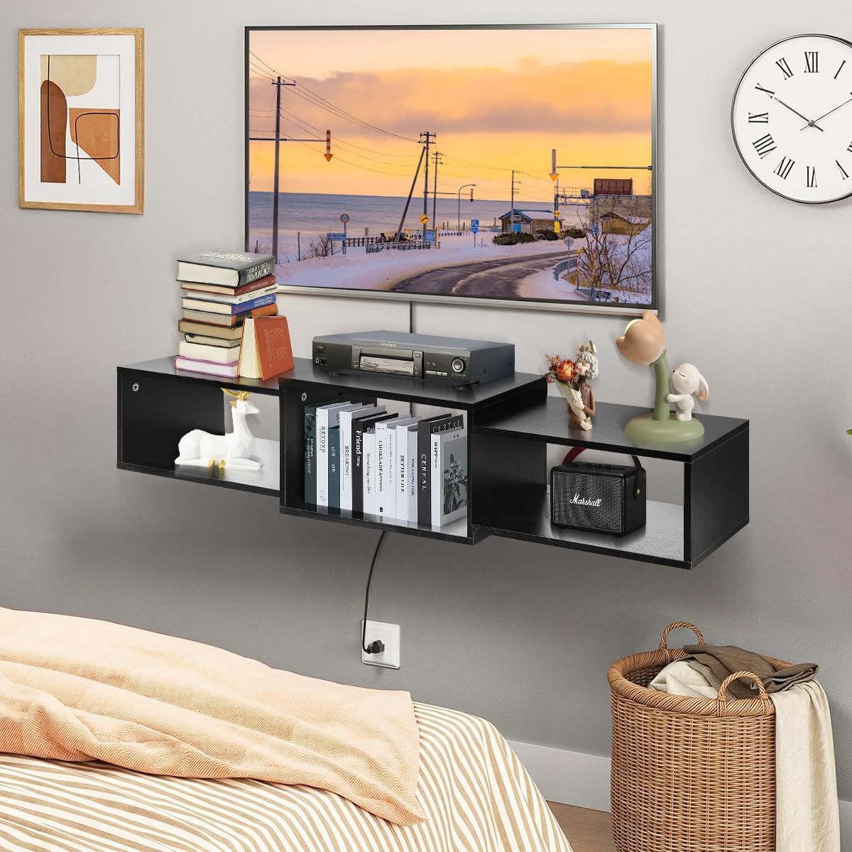 FURRIFIC Floating TV Stand with LED Lights, TV Entertainment Center, 3 Open Spaces Ample Storage Space and Minimalist Design, Suitable for Living Room and Bedroom
