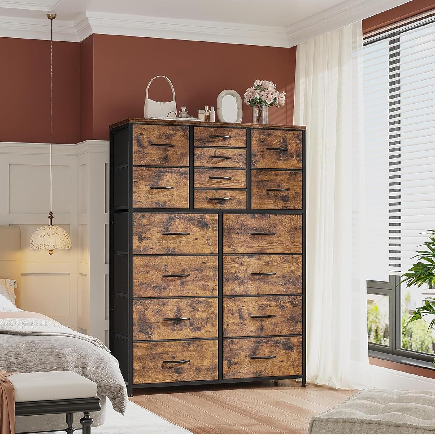 QYIKLPY Chest of Drawers for Bedroom 145 x 95 x 30cm with 16 Drawers, Bedroom Furniture, Clothes Furniture, Metal Organizer, Comfortable Bedroom Furniture High Clothes