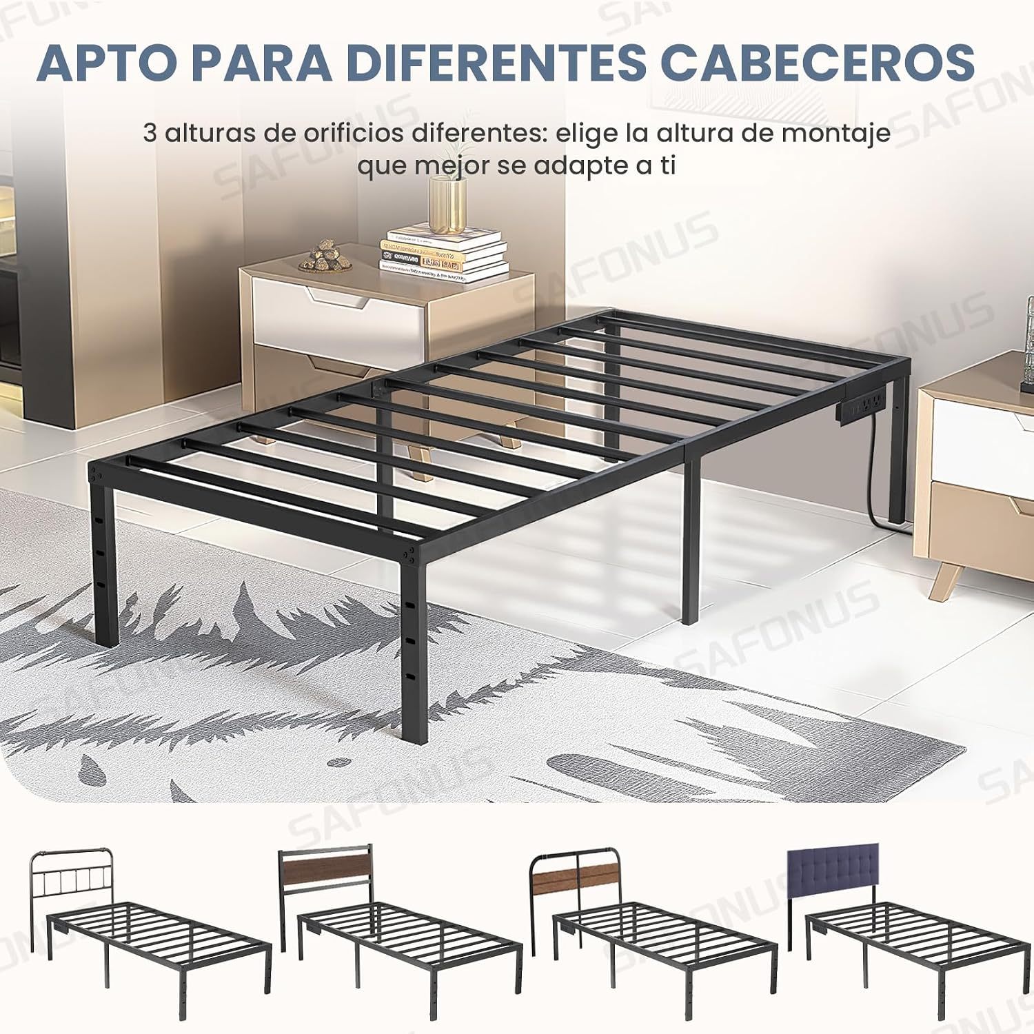 SAFONUS Simple and atmospheric Platform Metal Bed Frame, Under Bed Storage Space, Sturdy Frame (Single with Plug)