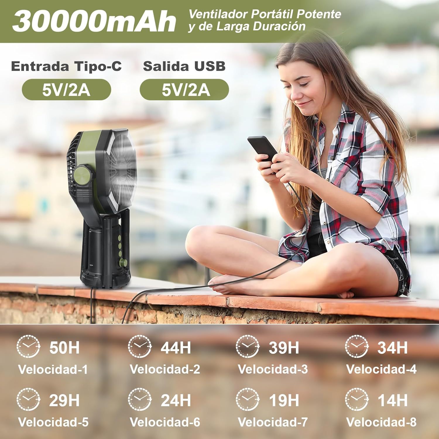 30000mAh Portable Camping Fan with Dual Motor, 8 Speeds, LED Light and Remote Control - Rechargeable Silent Fan for Outdoor/Tent/Construction Site with Power Bank Function, Green