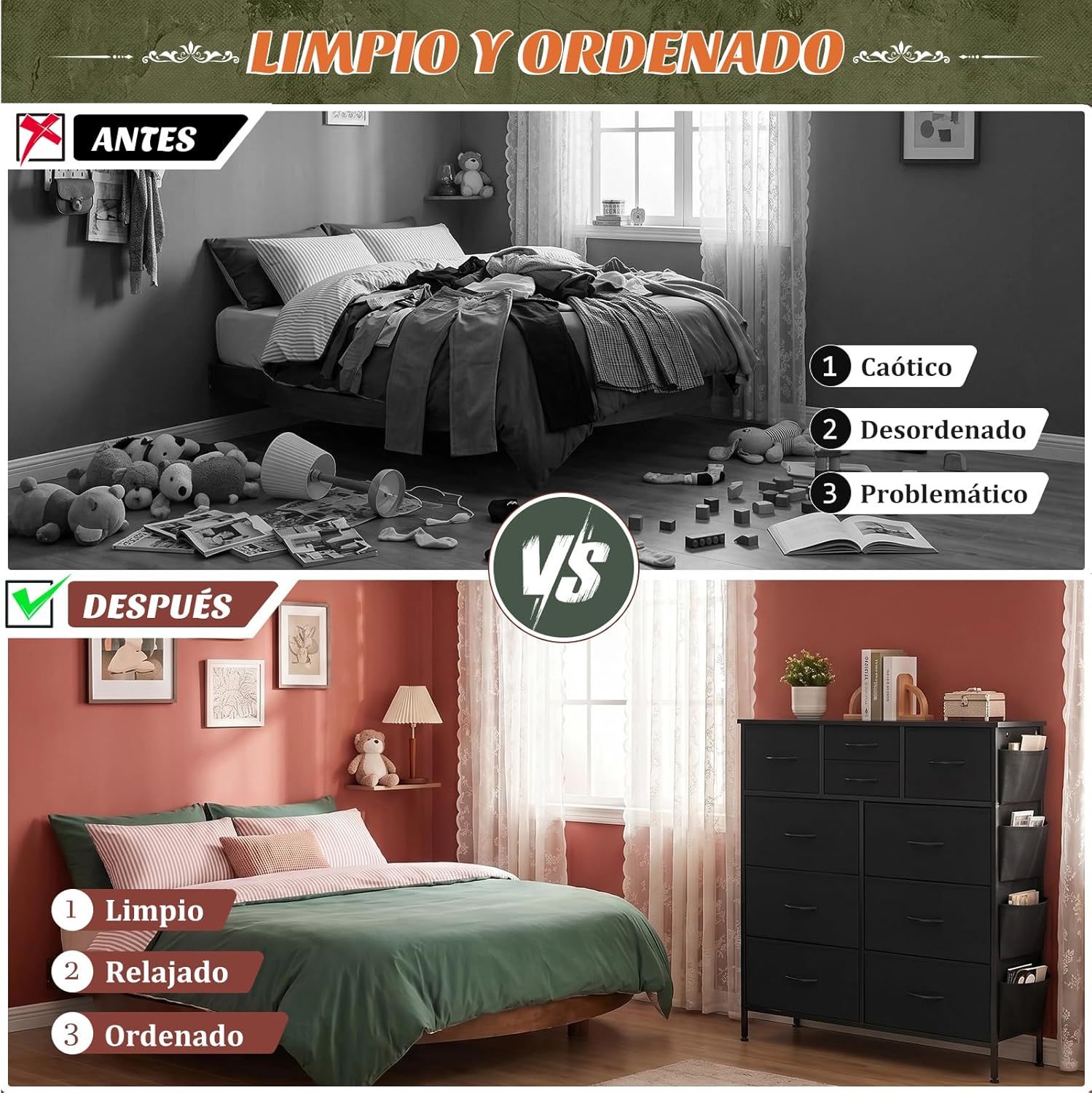 FURRIFIC Bedroom Dresser, with 10 Fabric Drawers, Side Pocket and Resistant Steel Structure, Clothes Organizer Furniture, Black