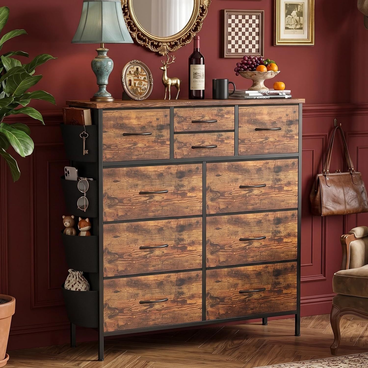 FURRIFIC Bedroom Dresser, with 10 Fabric Drawers, Side Pocket and Resistant Steel Structure, Clothes Organizer Furniture, Brown