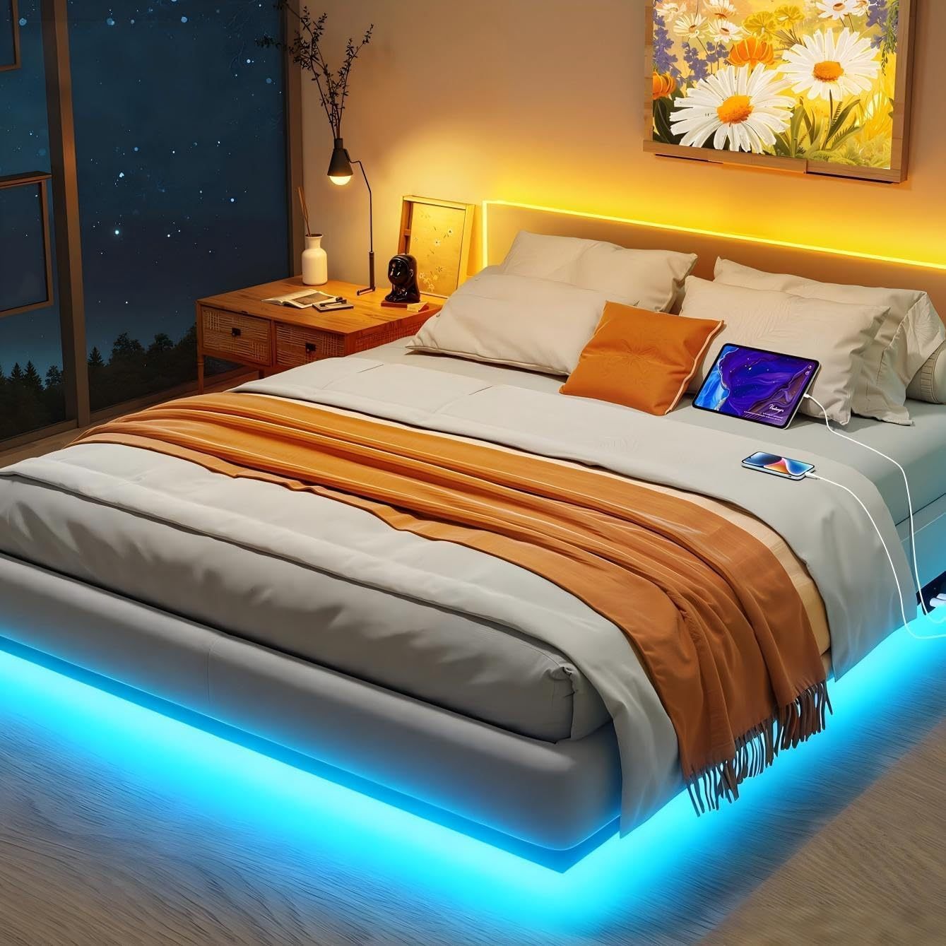 SAFONUS Double Bed Base Floating - with Adjustable LED Lights, Power Strip with USB, Metal Platform with Resistant Steel Slats with 9 Support Points (Matrimonial)