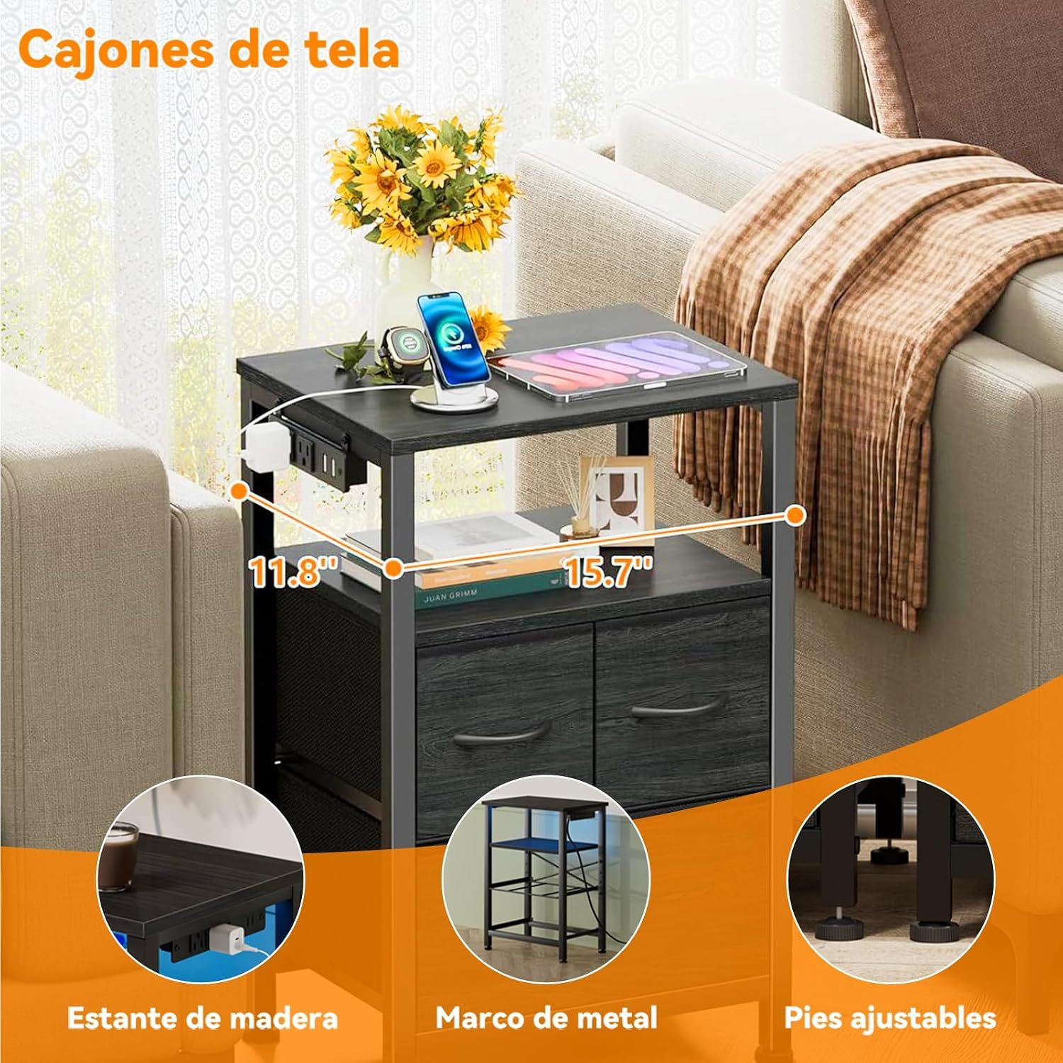 FURRIFIC Set of 2 Bedroom Desks with 2 Charging Stations (4 Outputs and 4 USB), Bedroom Nightstand, Bedside Table, Bedroom Furniture, Side Table, Bedroom and Lounge Cabinet (Black)