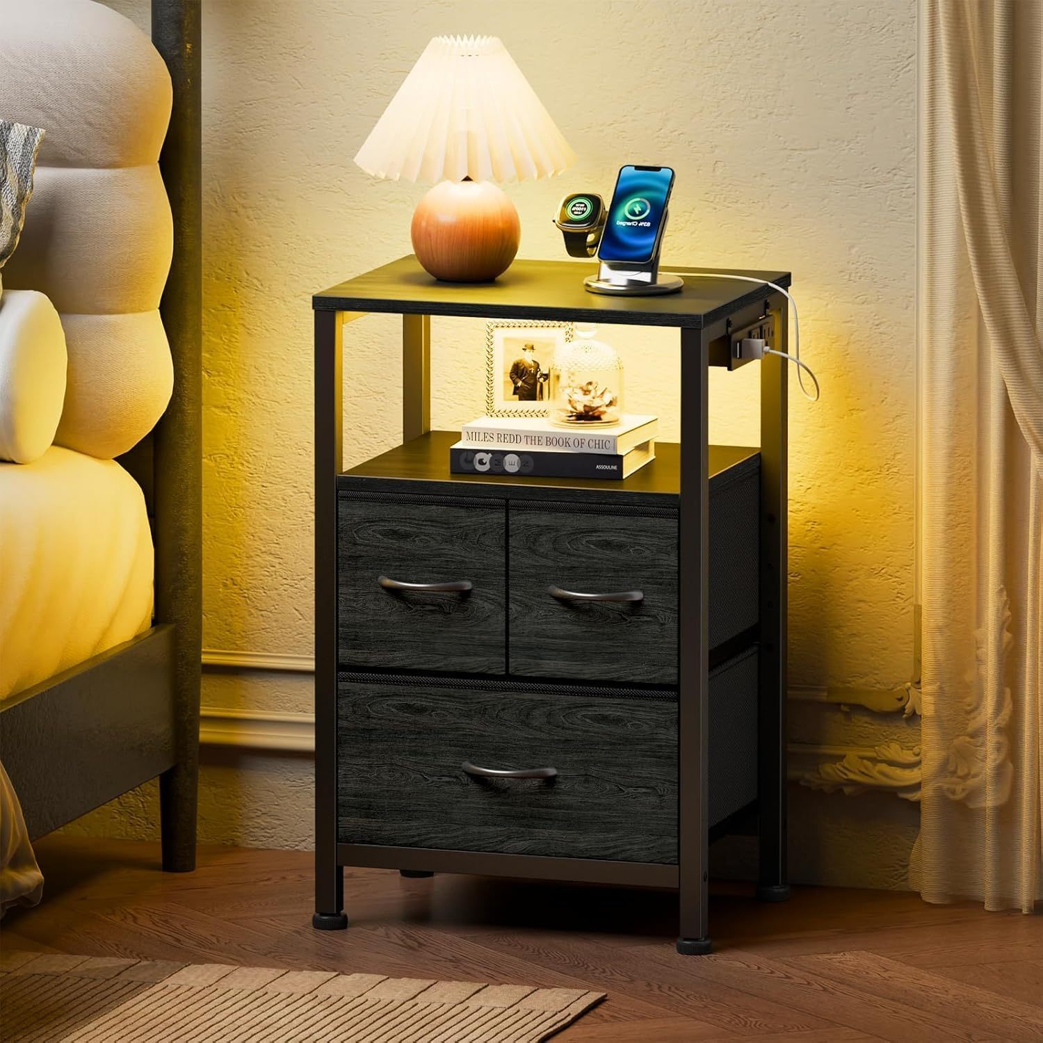 FURRIFIC Set of 2 Bedroom Desks with 2 Charging Stations (4 Outputs and 4 USB), Bedroom Nightstand, Bedside Table, Bedroom Furniture, Side Table, Bedroom and Lounge Cabinet (Black)