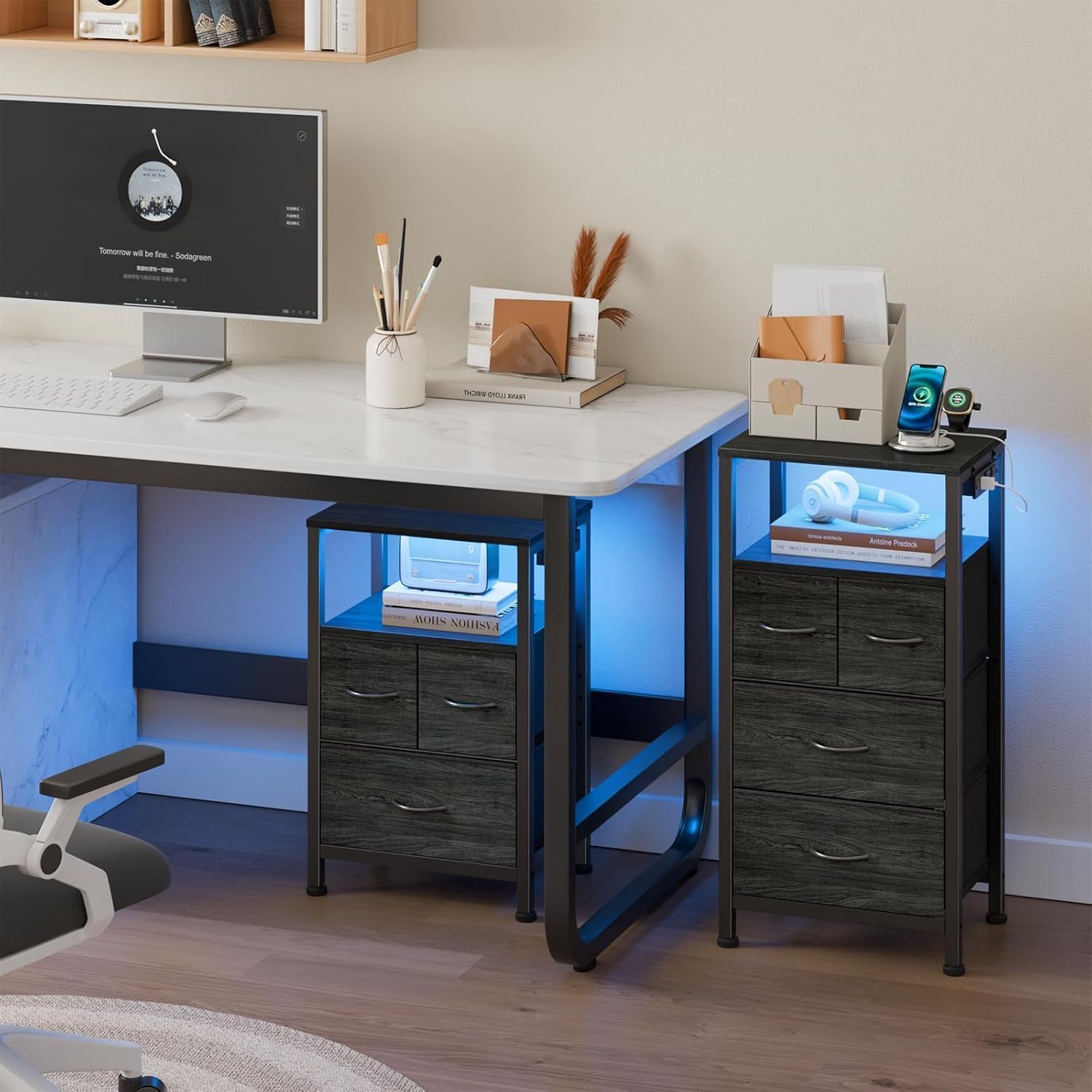 FURRIFIC Set of 2 Bedroom Desks with 2 Charging Stations (4 Outputs and 4 USB), Bedroom Nightstand, Bedside Table, Bedroom Furniture, Side Table, Bedroom and Lounge Cabinet (Black)
