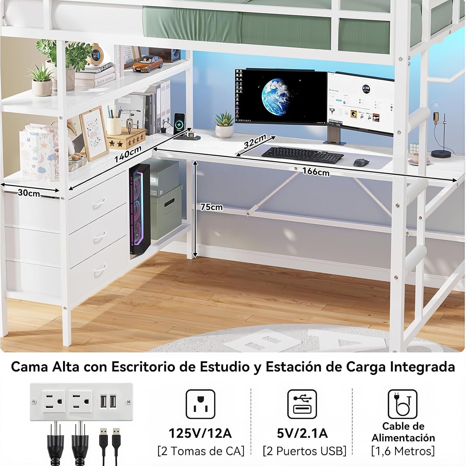 Double Bunk Bed with L-Shaped Desk and USB Charging, High Bed with RGB LED Lights, 3 Shelves and 3 Fabric Drawers, Reinforced Metal Bunk Bed with Storage, Double Bed for Bedroom, White