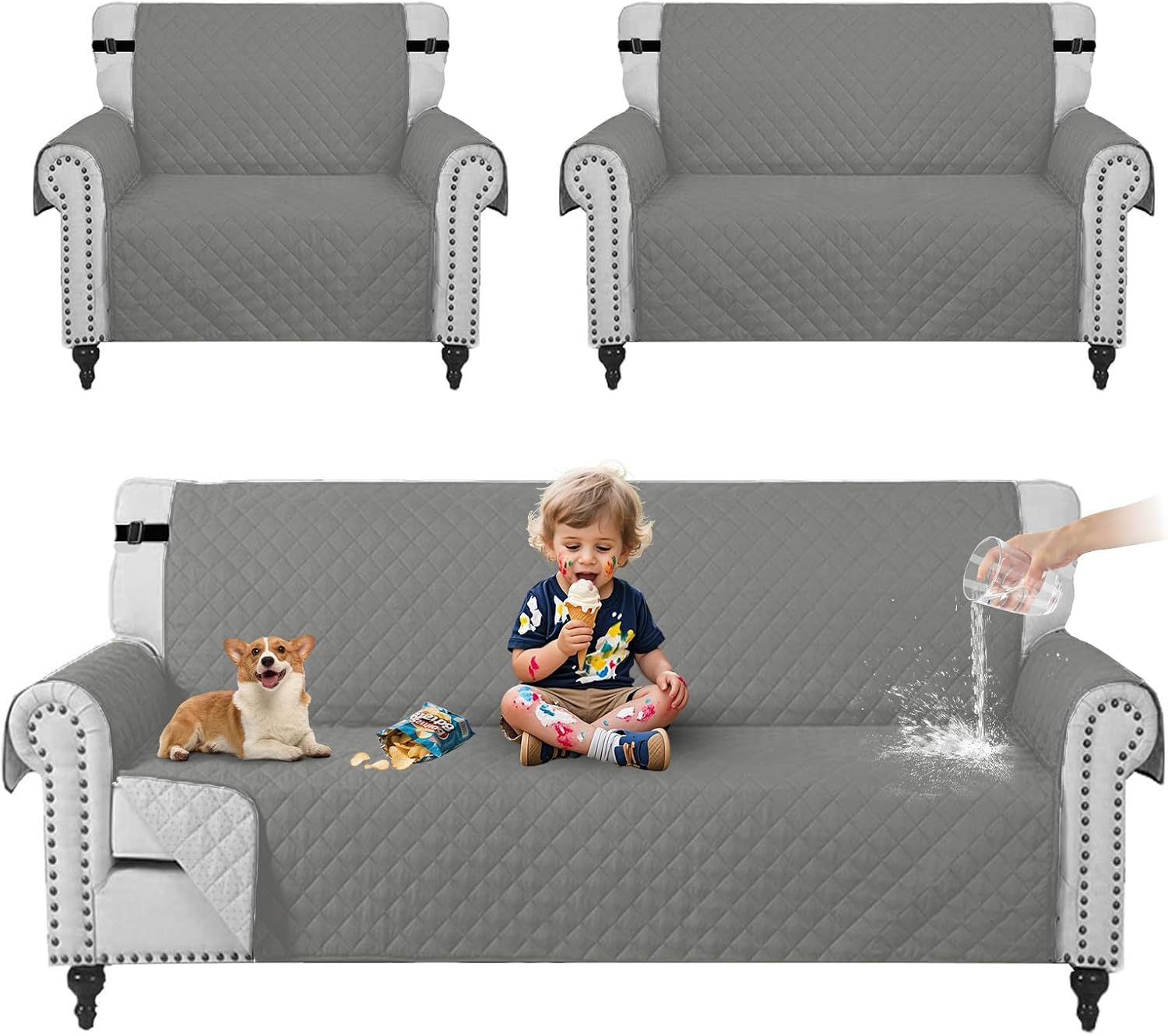 KACOTA 3 Piece Armchair Covers, Waterproof Anti-scratch Non-slip Washable Room Covers for Sofa, Super Soft and Elastic Fabric with Adjustable Buckle, Sofa Cover for Quilted