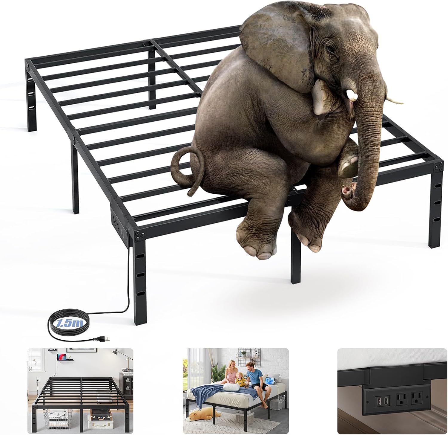 SAFONUS Simple and atmospheric Platform Metal Bed Frame, Under Bed Storage Space, Sturdy Frame (Double with Plug)