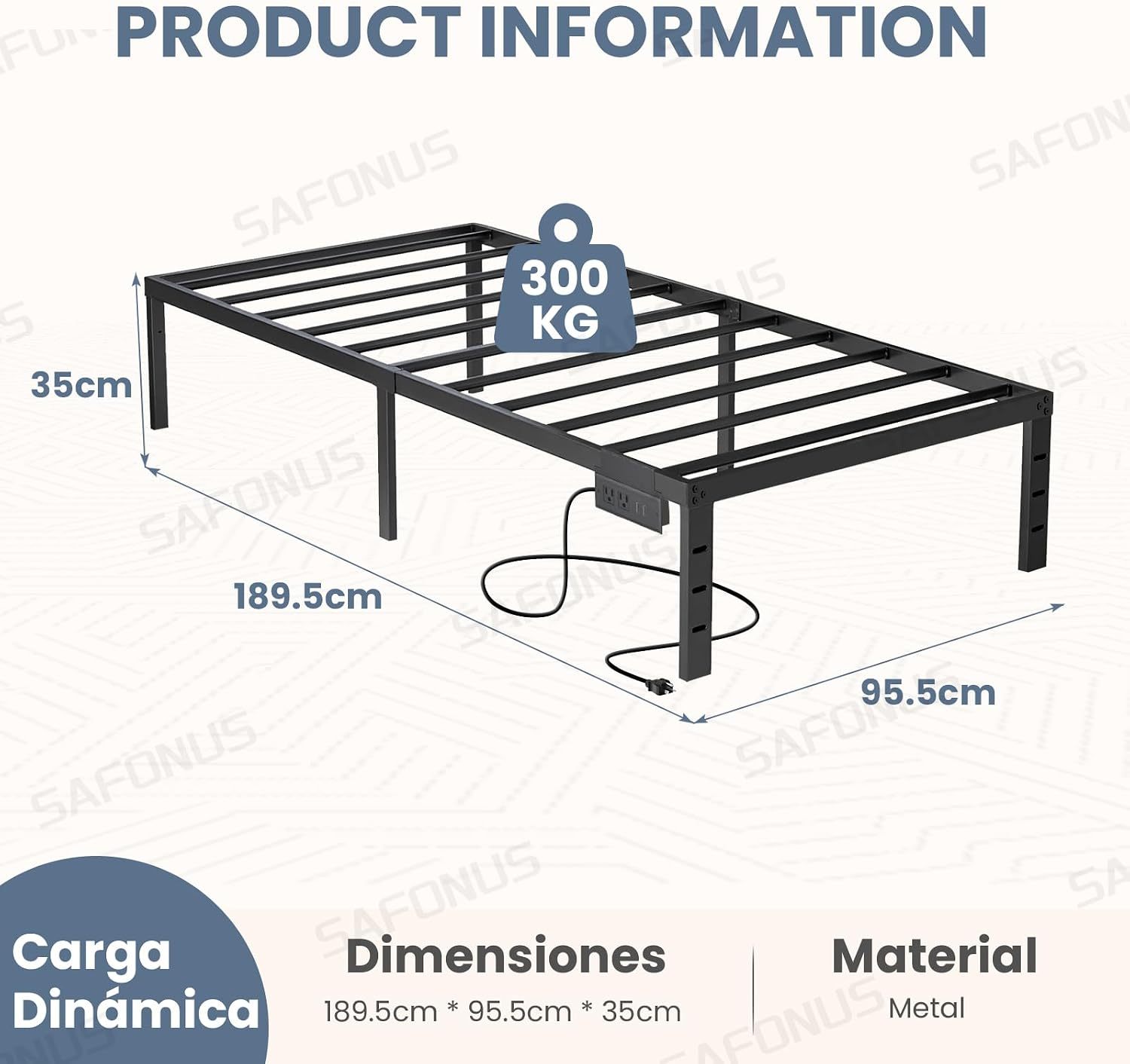 SAFONUS Simple and atmospheric Platform Metal Bed Frame, Under Bed Storage Space, Sturdy Frame (Single with Plug)