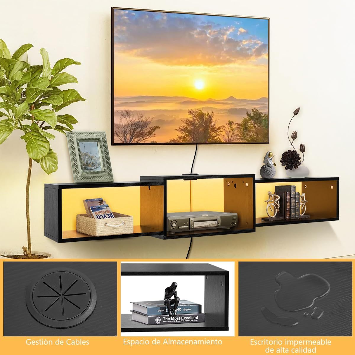FURRIFIC Floating TV Stand with LED Lights, TV Entertainment Center, 3 Open Spaces Ample Storage Space and Minimalist Design, Suitable for Living Room and Bedroom