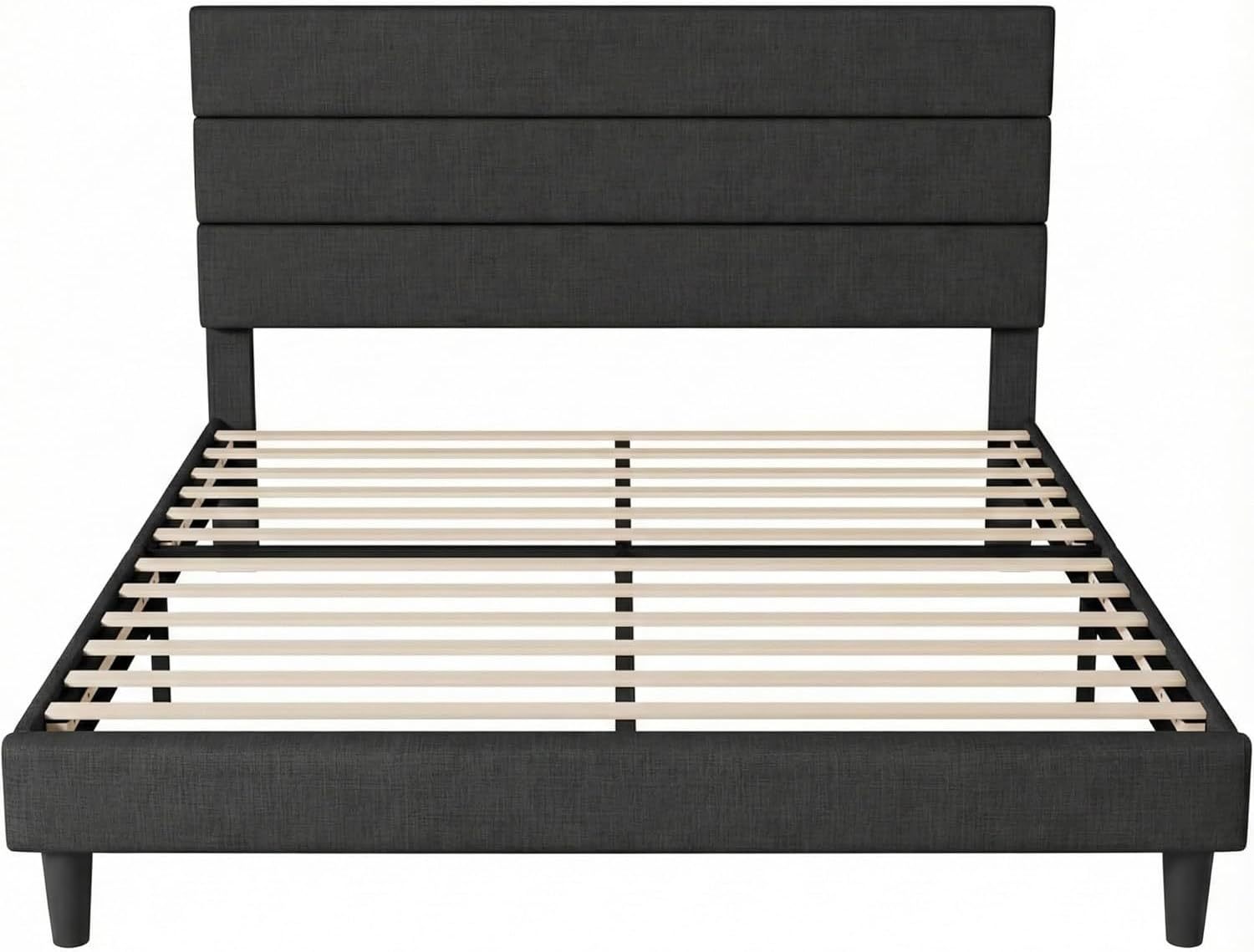 FURRIFIC Double Bed Base with Upholstered Headboard, High Density Metal and Natural Structure, Firm Support without Box Spring, Modern Bed with Resistant Slats, Charcoal Gray