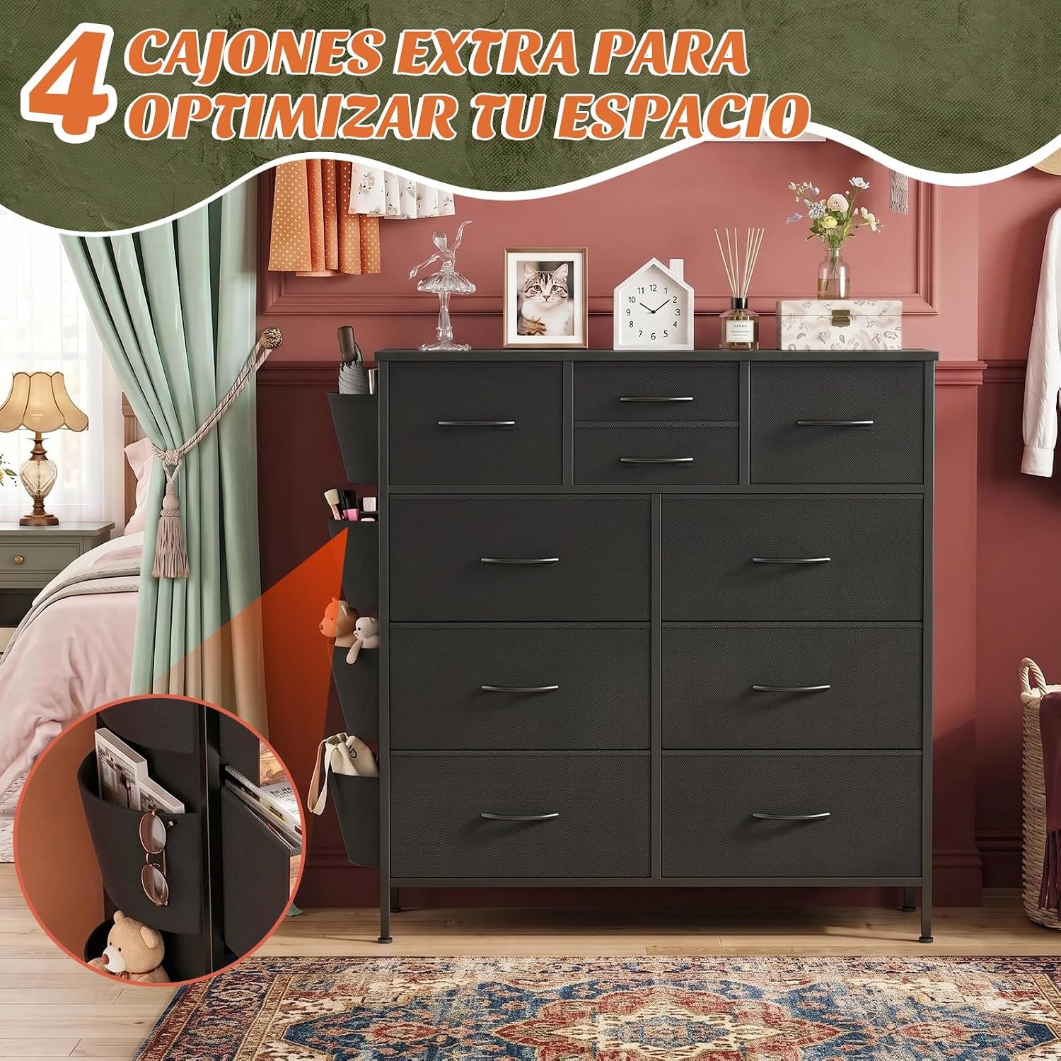 FURRIFIC Bedroom Dresser, with 10 Fabric Drawers, Side Pocket and Resistant Steel Structure, Clothes Organizer Furniture, Black