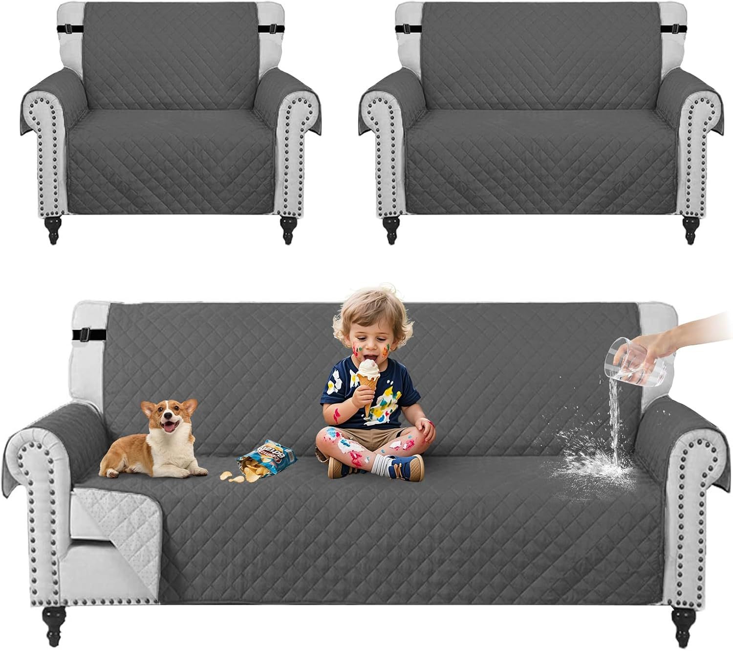 KACOTA 3 Piece Armchair Covers, Waterproof Anti-scratch Non-slip Washable Room Covers for Sofa, Super Soft and Elastic Fabric with Adjustable Buckle, Sofa Cover for Pets