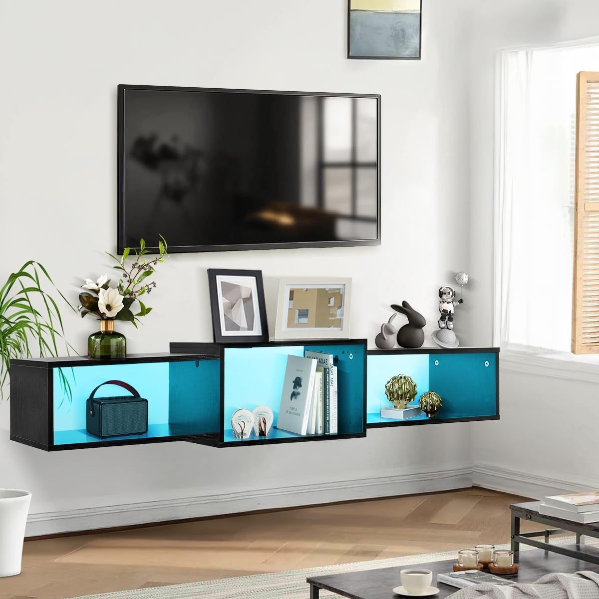 FURRIFIC Floating TV Stand with LED Lights, TV Entertainment Center, 3 Open Spaces Ample Storage Space and Minimalist Design, Suitable for Living Room and Bedroom