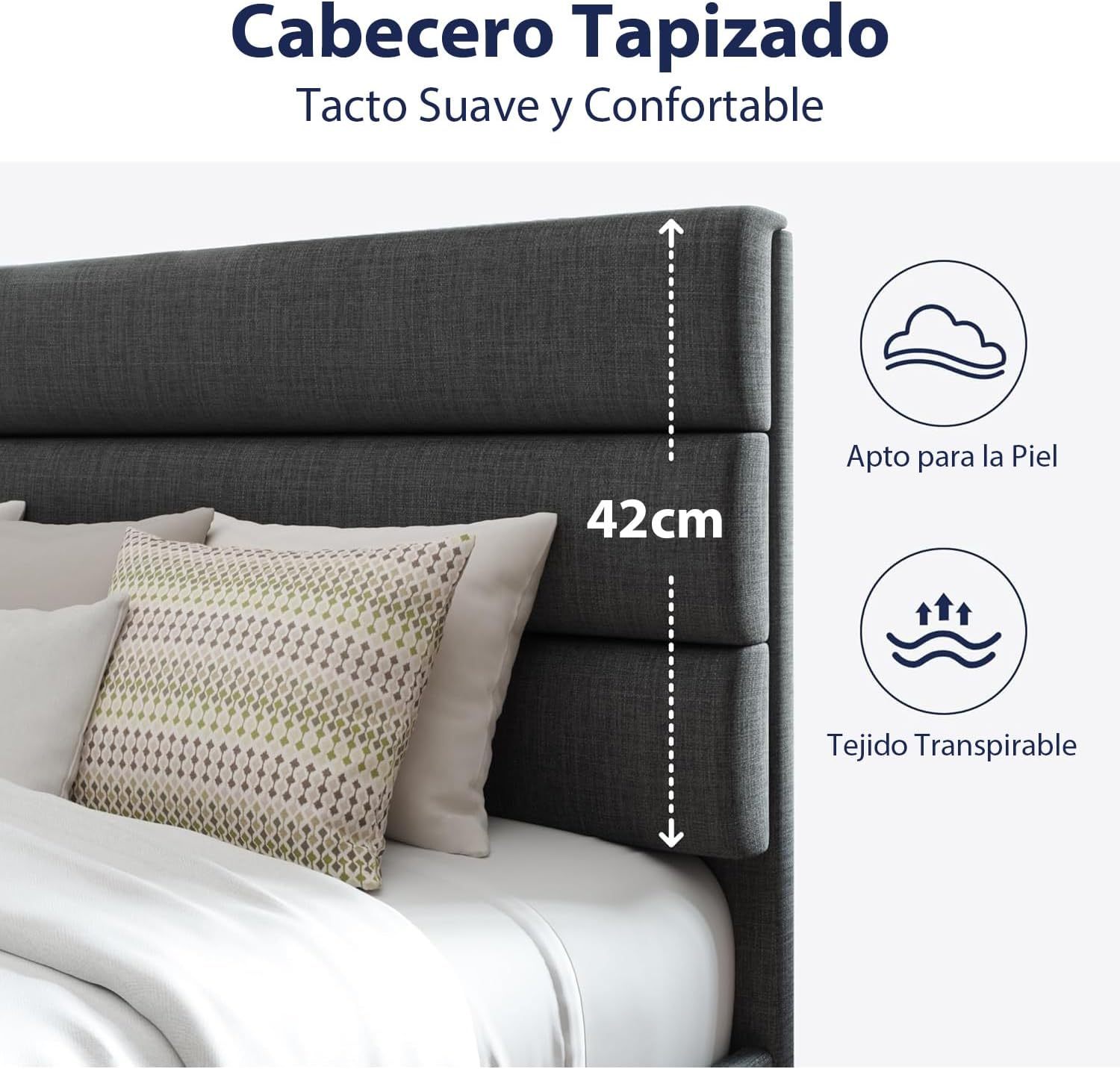 FURRIFIC Double Bed Base with Upholstered Headboard, High Density Metal and Natural Structure, Firm Support without Box Spring, Modern Bed with Resistant Slats, Charcoal Gray