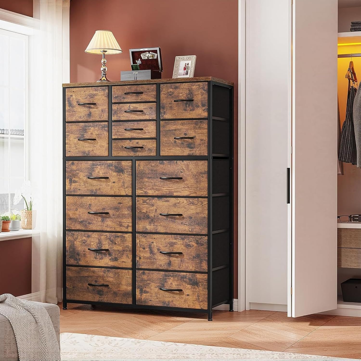 QYIKLPY Chest of Drawers for Bedroom 145 x 95 x 30cm with 16 Drawers, Bedroom Furniture, Clothes Furniture, Metal Organizer, Comfortable Bedroom Furniture High Clothes