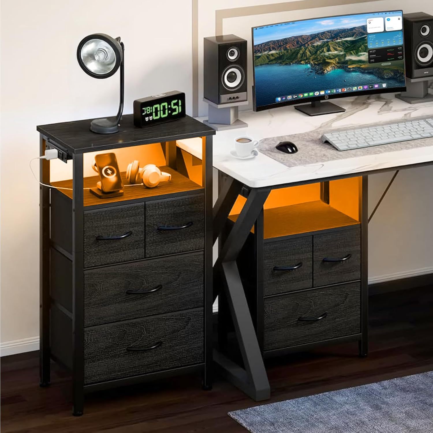 FURRIFIC Set of 2 Bedroom Desks with 2 Charging Stations (4 Outputs and 4 USB), Bedroom Nightstand, Bedside Table, Bedroom Furniture, Side Table, Bedroom and Lounge Cabinet (Black)