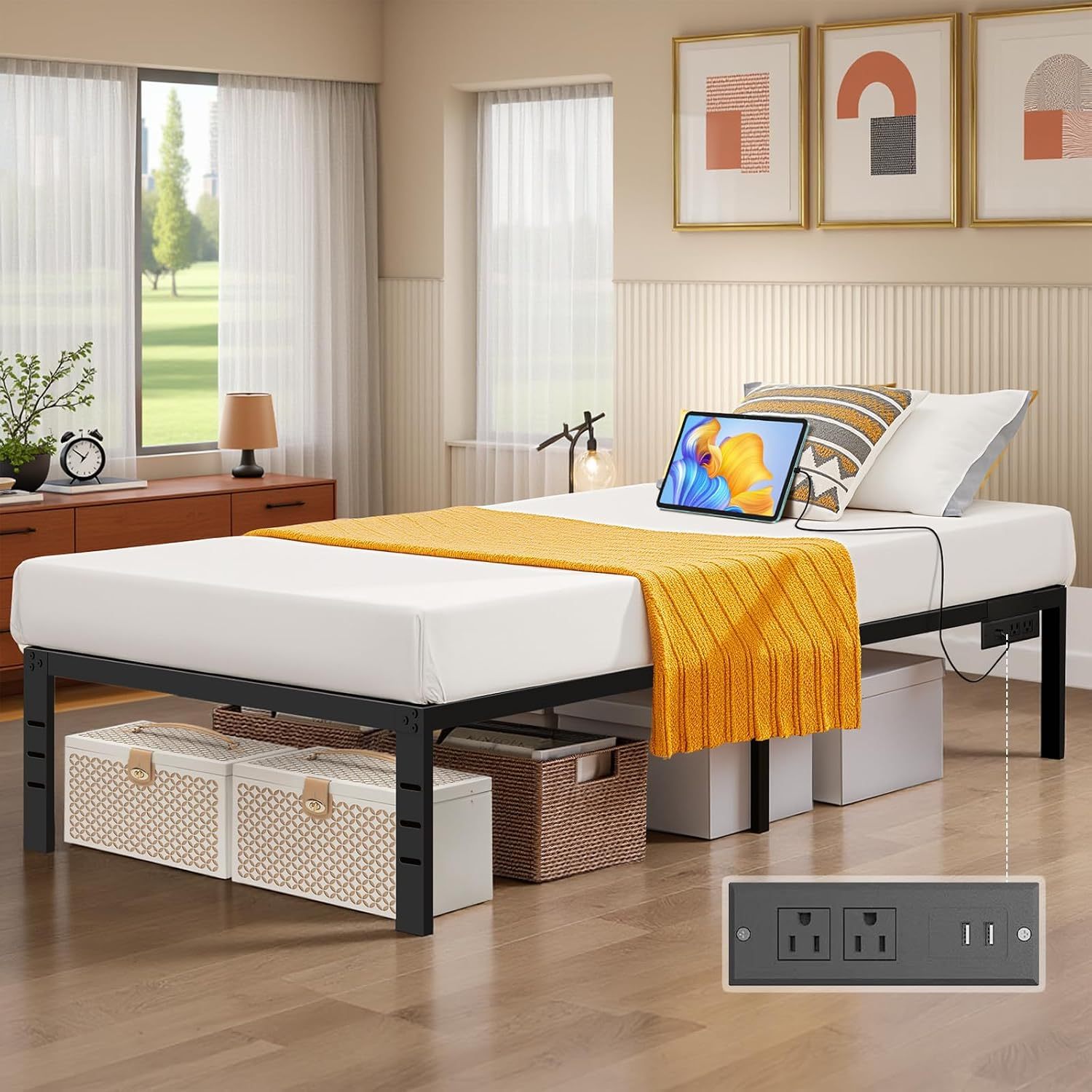 SAFONUS Simple and atmospheric Platform Metal Bed Frame, Under Bed Storage Space, Sturdy Frame (Single with Plug)