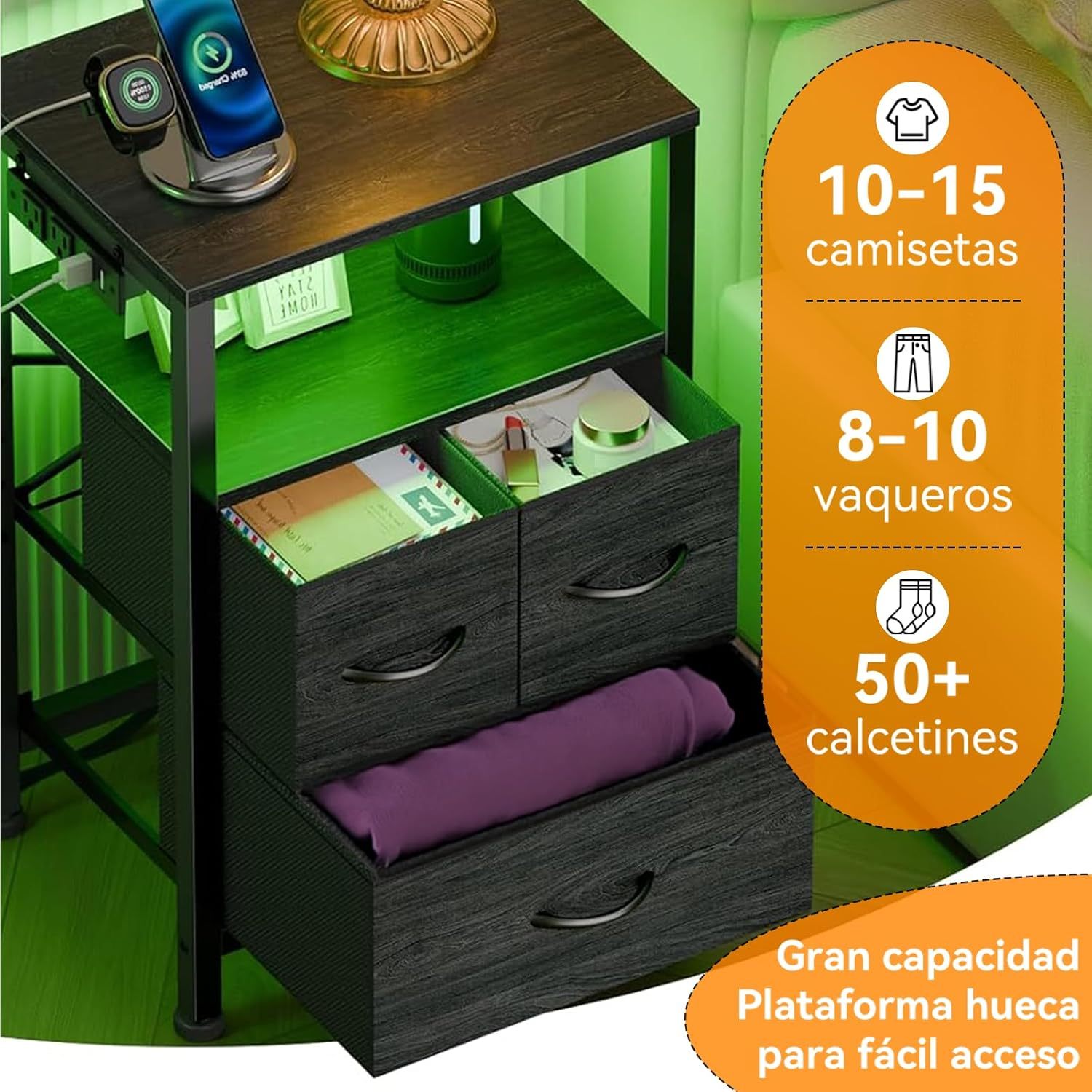 FURRIFIC Set of 2 Bedroom Desks with 2 Charging Stations (4 Outputs and 4 USB), Bedroom Nightstand, Bedside Table, Bedroom Furniture, Side Table, Bedroom and Lounge Cabinet (Black)