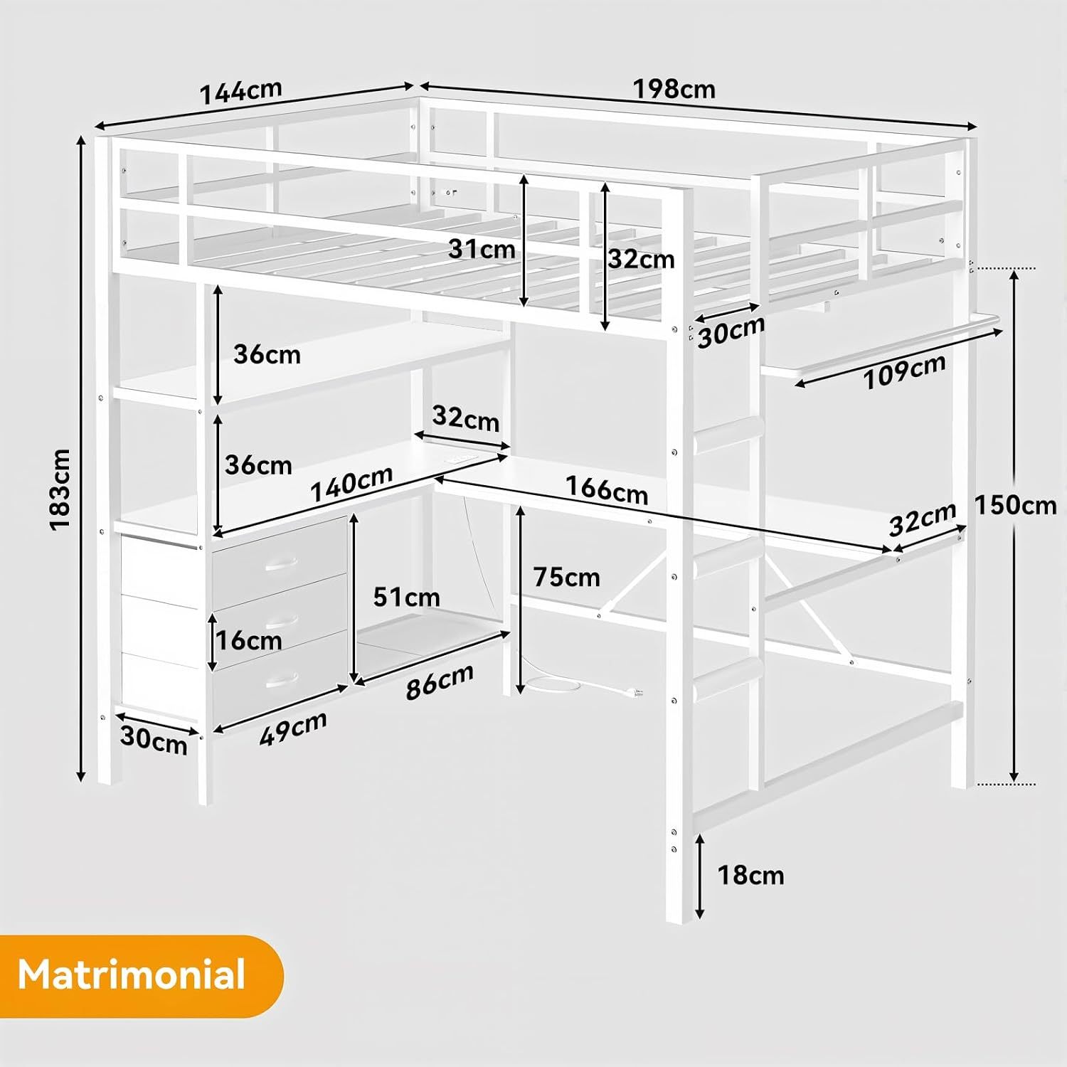 Double Bunk Bed with L-Shaped Desk and USB Charging, High Bed with RGB LED Lights, 3 Shelves and 3 Fabric Drawers, Reinforced Metal Bunk Bed with Storage, Double Bed for Bedroom, White