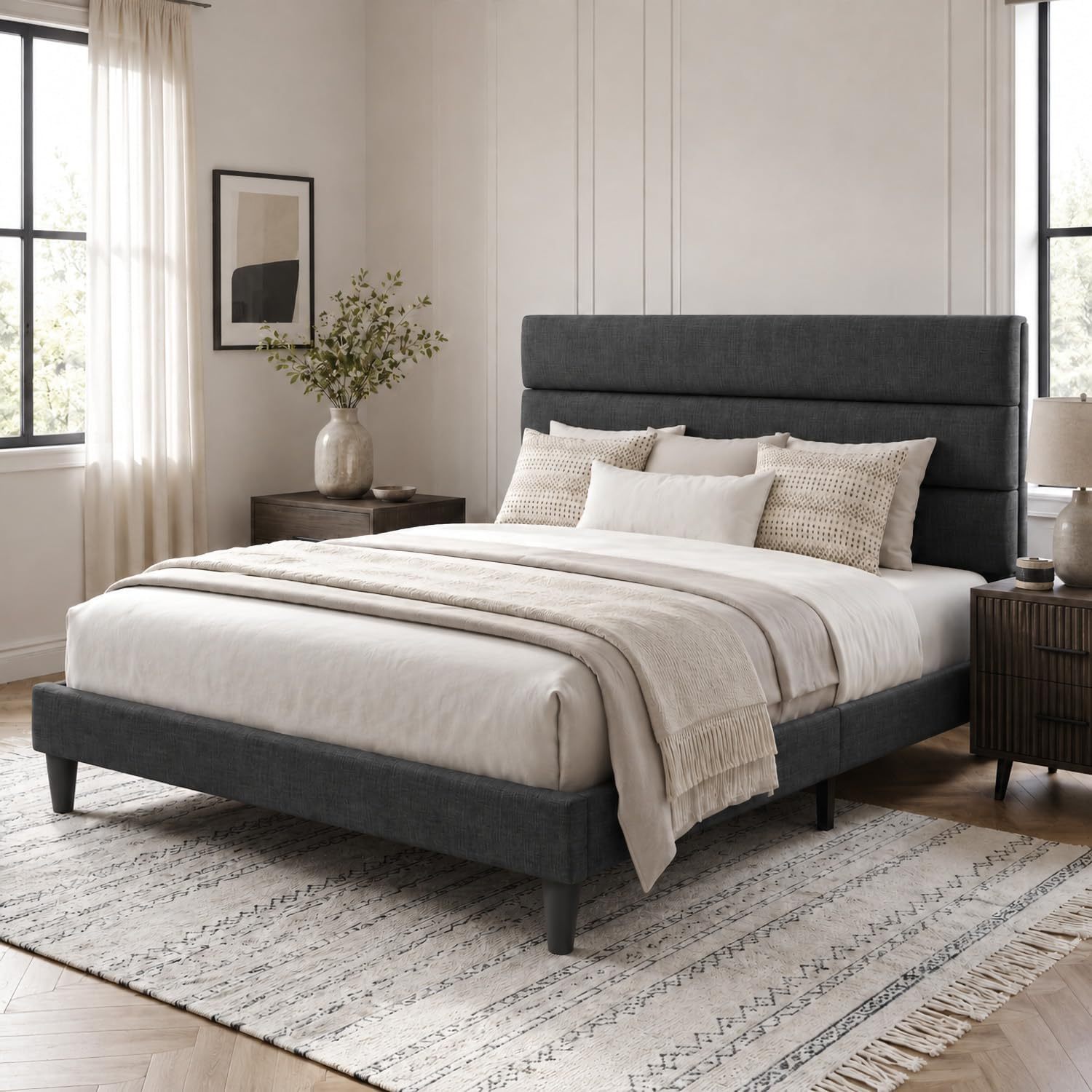 FURRIFIC Double Bed Base with Upholstered Headboard, High Density Metal and Natural Structure, Firm Support without Box Spring, Modern Bed with Resistant Slats, Charcoal Gray