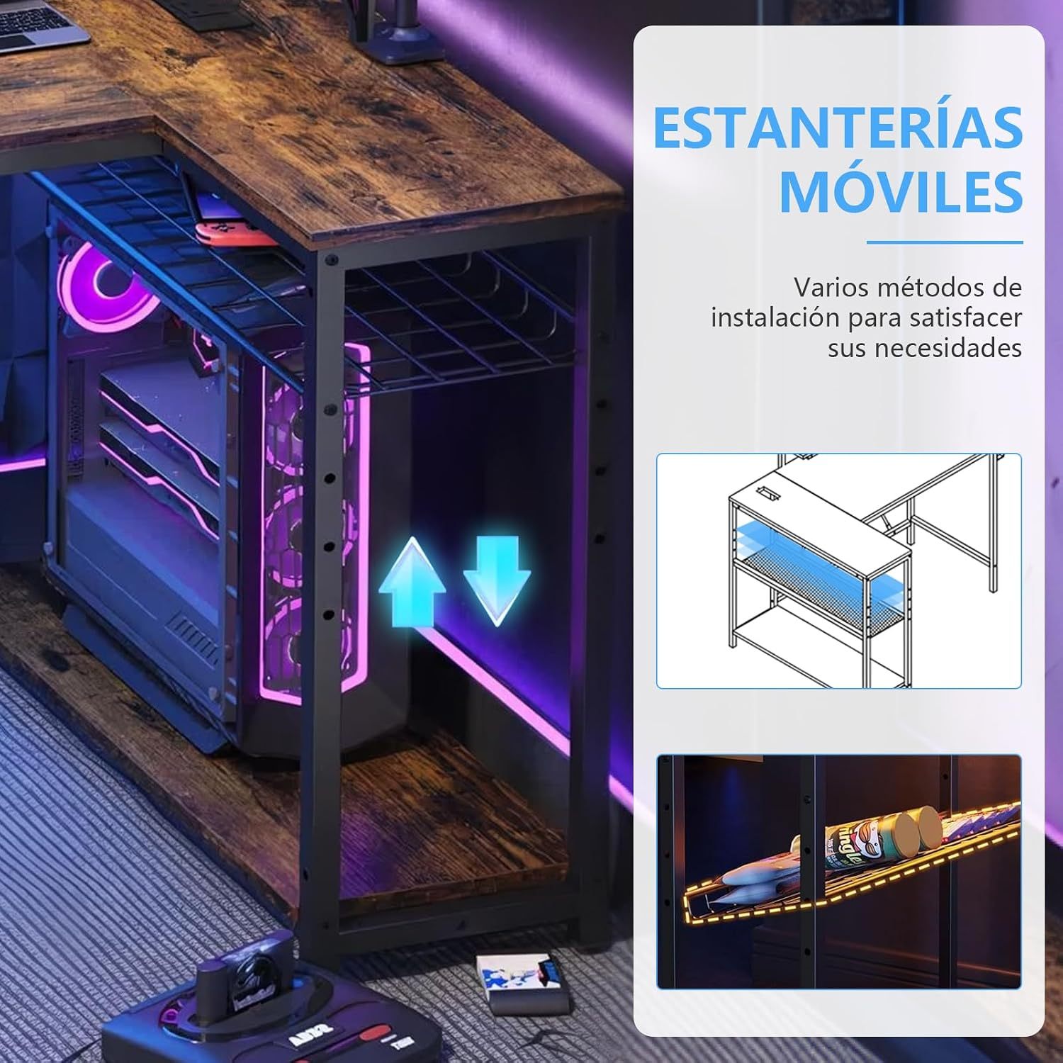 FURRIFIC L-Shaped Computer Desk, Minimalist Desk with Monitor Stand, Gamer Desk Steel Structure, Power Outlet, Headphone Coat Rack (Retro)