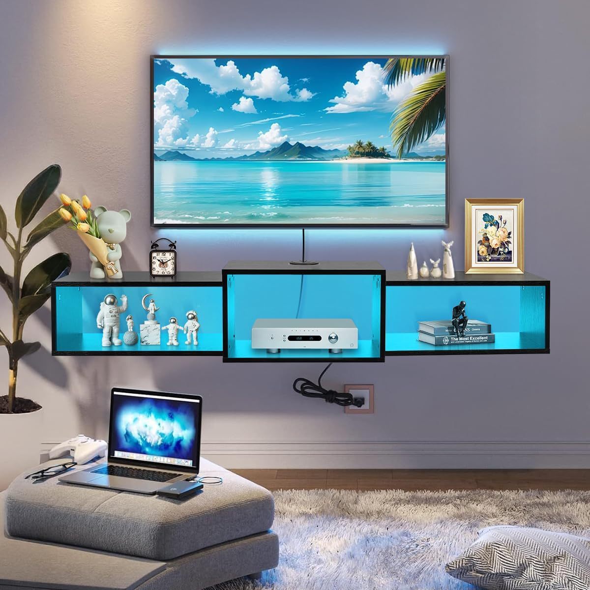 FURRIFIC Floating TV Stand with LED Lights, TV Entertainment Center, 3 Open Spaces Ample Storage Space and Minimalist Design, Suitable for Living Room and Bedroom