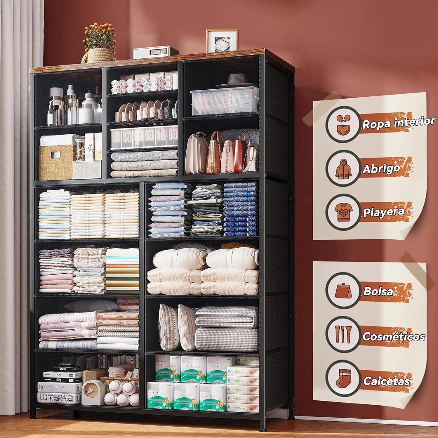 QYIKLPY Chest of Drawers for Bedroom 145 x 95 x 30cm with 16 Drawers, Bedroom Furniture, Clothes Furniture, Metal Organizer, Comfortable Bedroom Furniture High Clothes