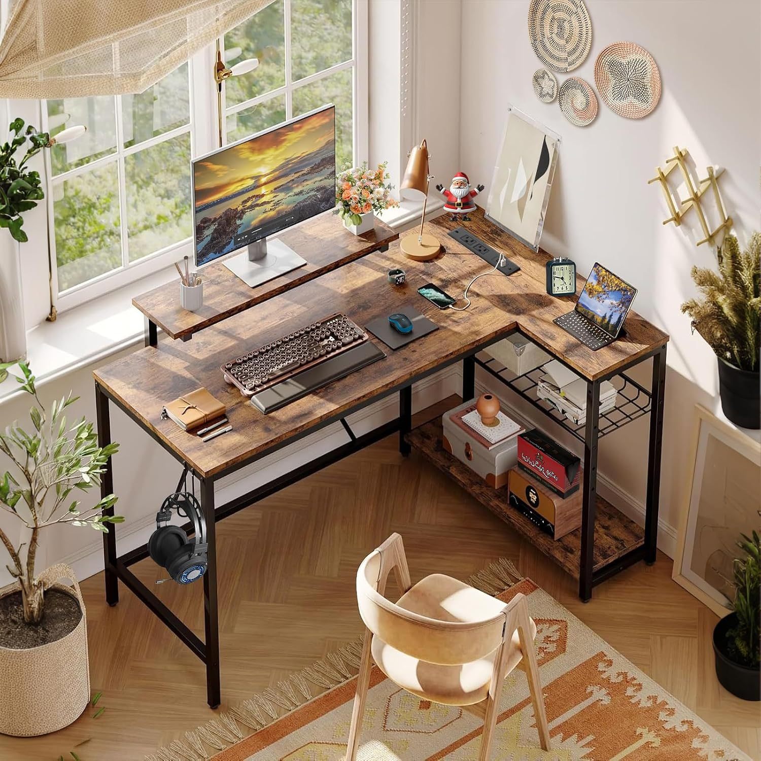 FURRIFIC L-Shaped Computer Desk, Minimalist Desk with Monitor Stand, Gamer Desk Steel Structure, Power Outlet, Headphone Coat Rack (Retro)